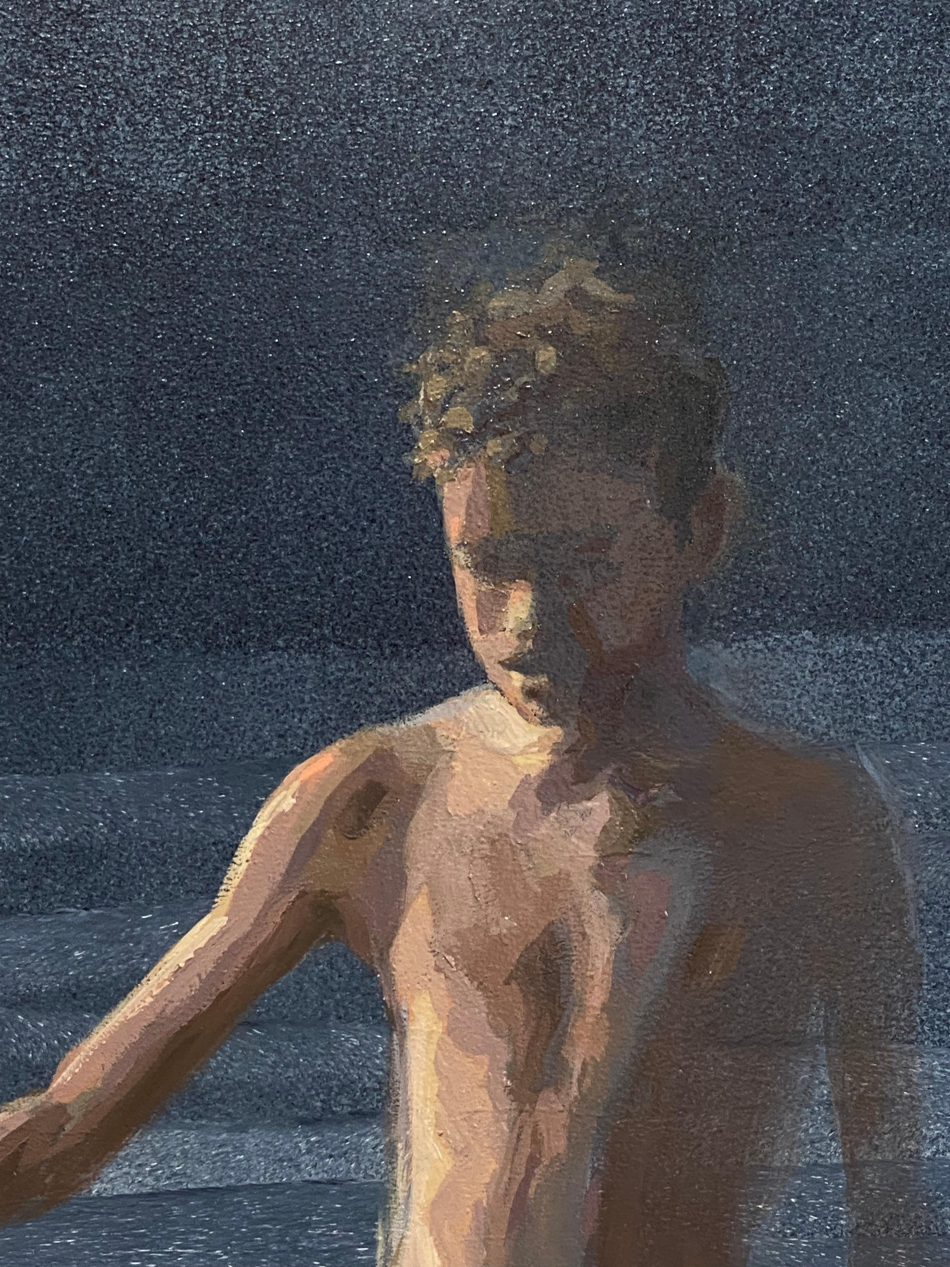 Passo dopo passo - Pittura contemporanea del 21° secolo di un ragazzo in piedi su un tronco in vendita 5