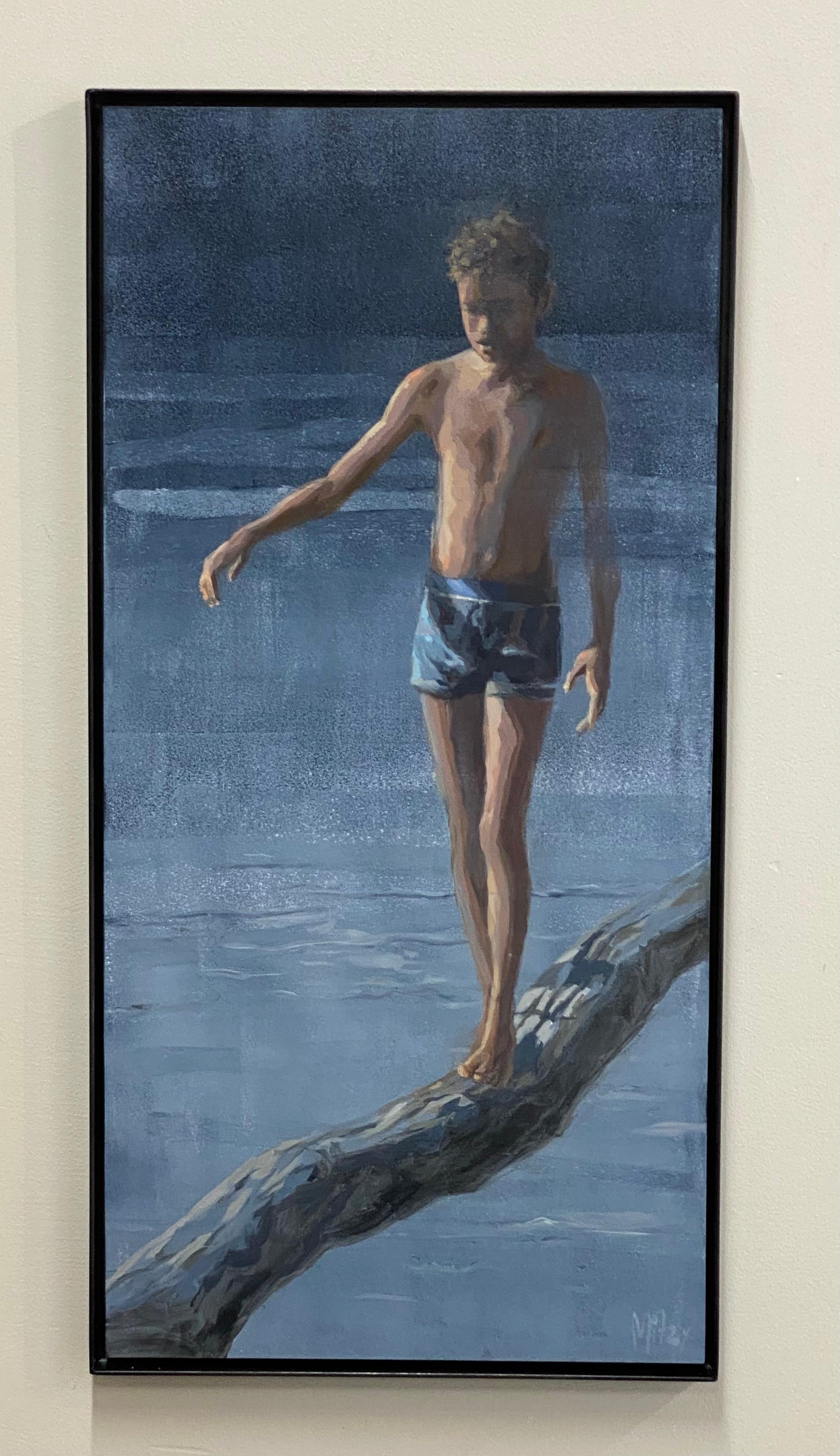 Passo dopo passo - Pittura contemporanea del 21° secolo di un ragazzo in piedi su un tronco - Painting di Mitzy Renooy