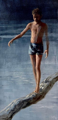 Passo dopo passo - Pittura contemporanea del 21° secolo di un ragazzo in piedi su un tronco
