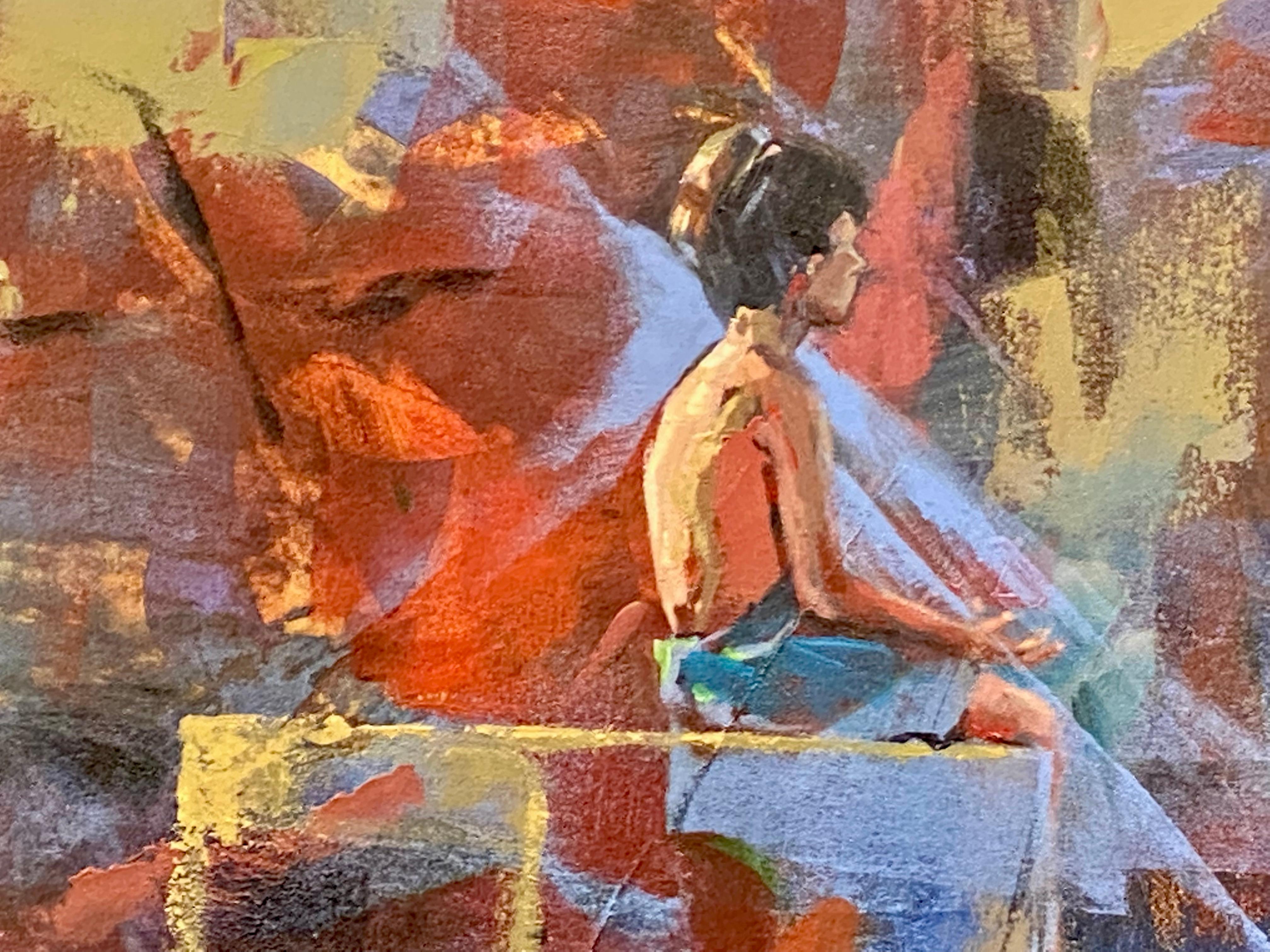 Le méditateur - Peinture contemporaine du 21e siècle d'un garçon en train de méditer - Contemporain Painting par Mitzy Renooy