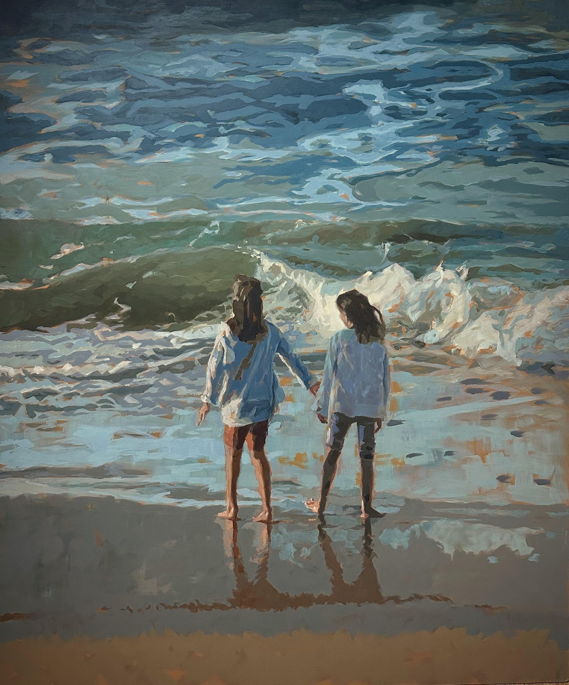 Figurative Painting Mitzy Renooy - The Sea- 21ème siècle Peinture contemporaine de deux filles debout sur la plage