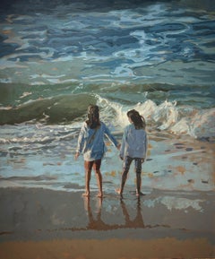 The Sea- 21st Century Contemporary Painting of two girls standing on the beach