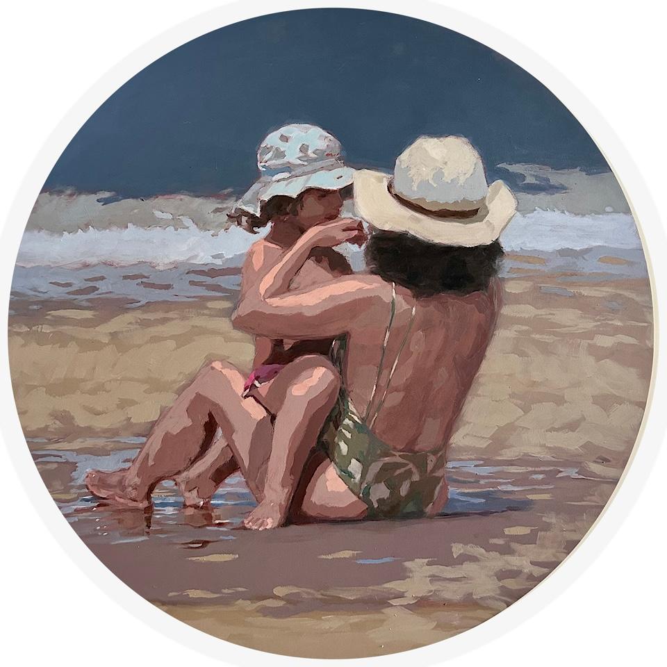 Mitzy Renooy Portrait Painting - Together again- 21st Century Contemporary Painting, mother with child on a beach