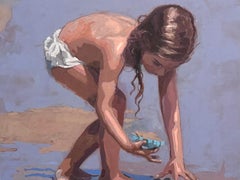 Tesoros- Pintura Contemporánea del Siglo XXI, una niña jugando en la playa