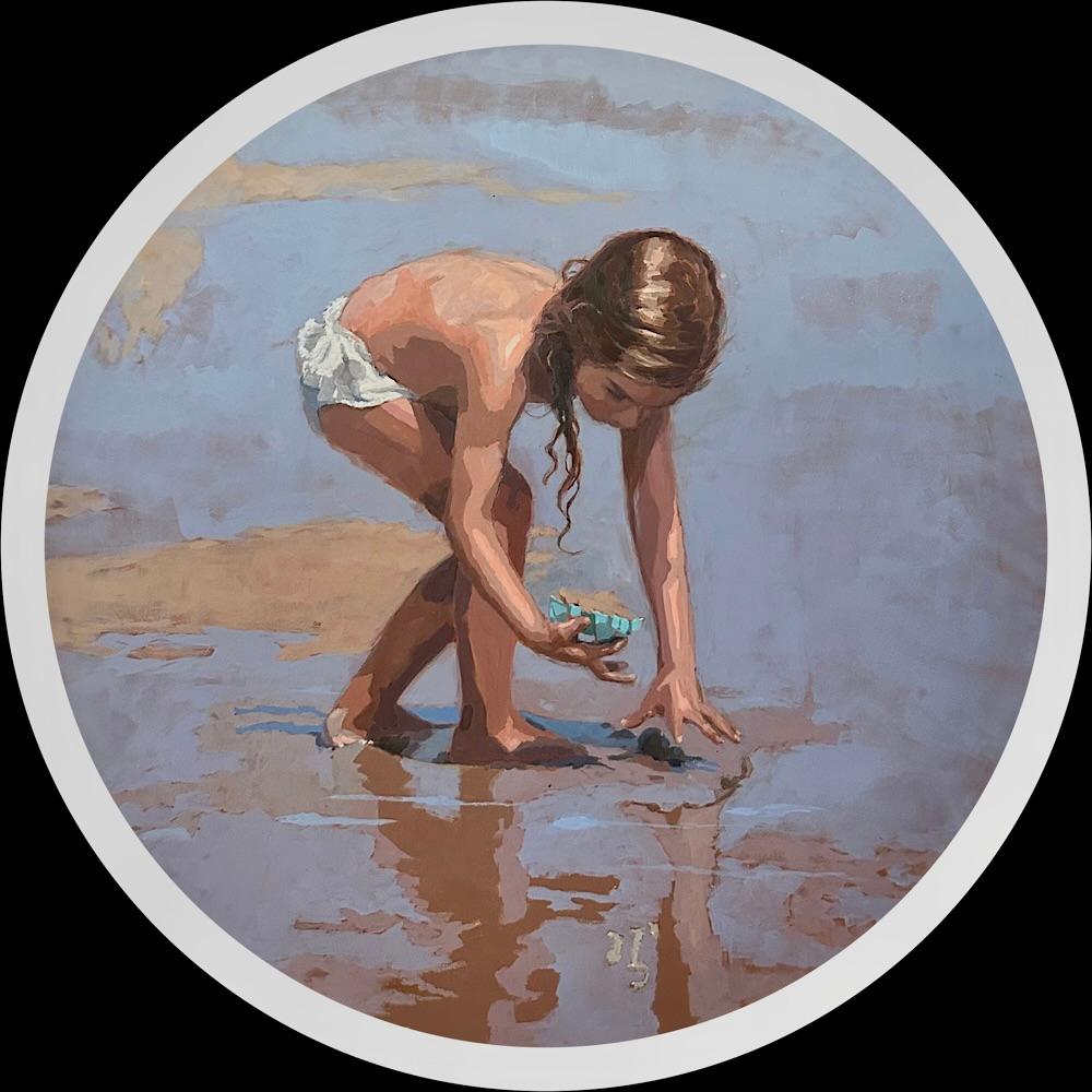 Treasures- 21st Century Contemporary Painting, a playing girl on the beach For Sale 3