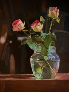 Trois roses - Peinture contemporaine du 21e siècle, de trois roses dans un vase