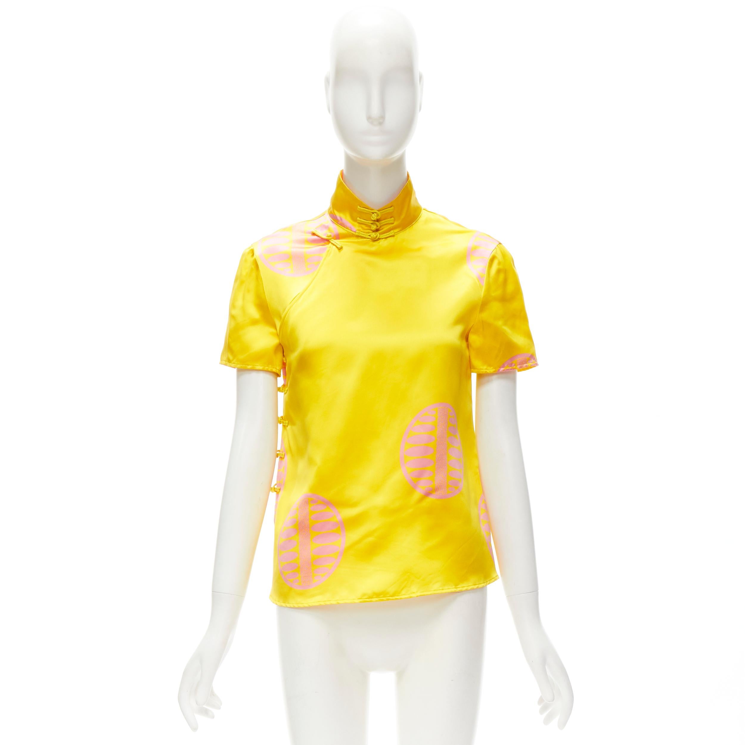 MIU MIU 100% silk yellow pink print Chinoiserie button cheongsam shirt IT38 XS 6