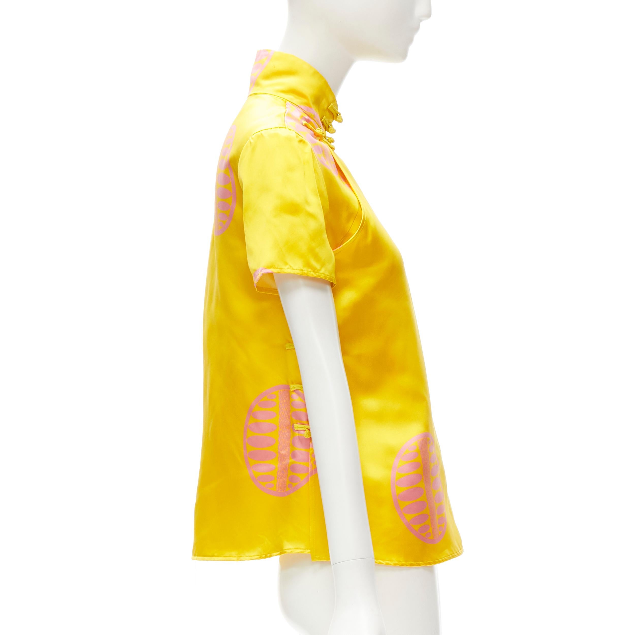 Women's MIU MIU 100% silk yellow pink print Chinoiserie button cheongsam shirt IT38 XS