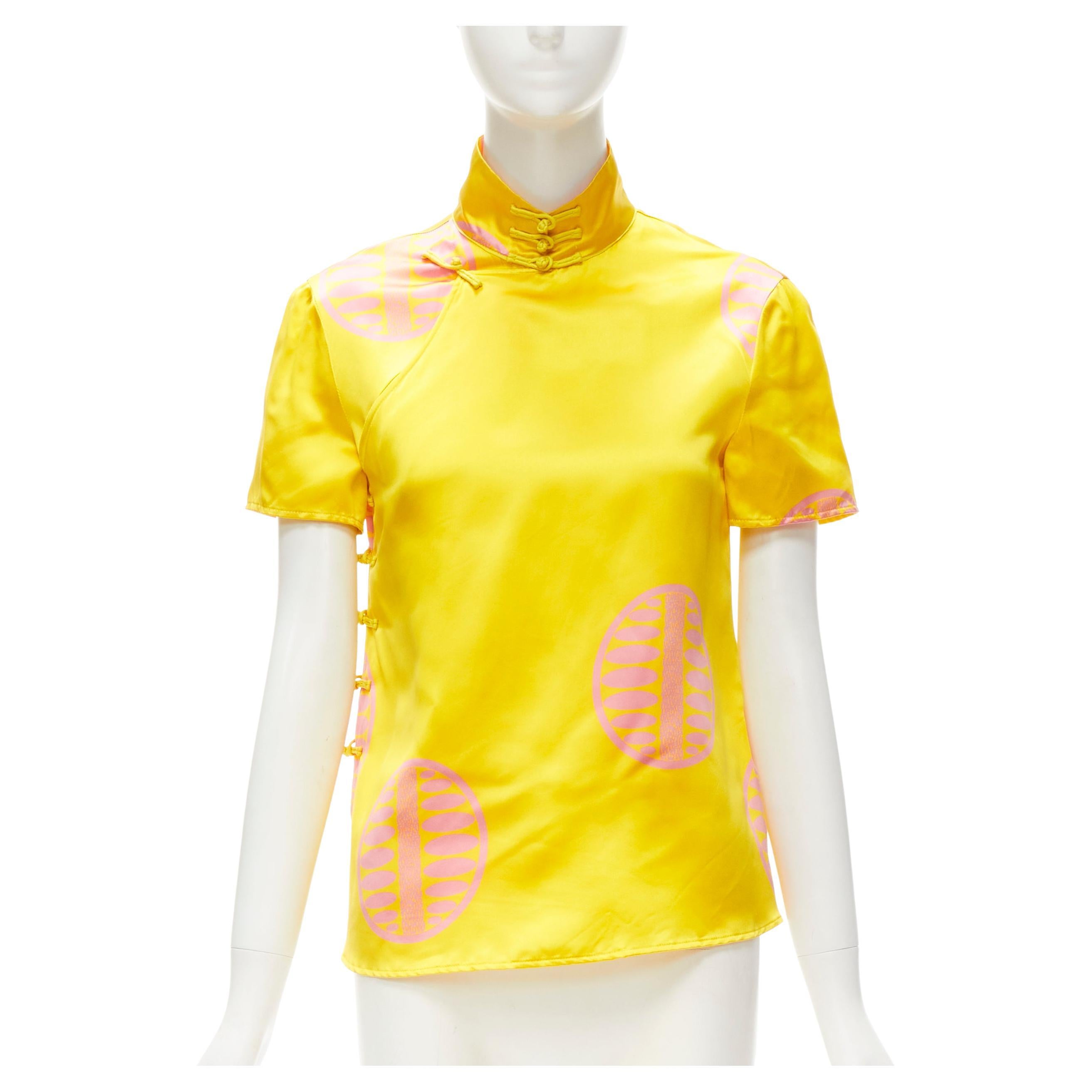 MIU MIU 100% silk yellow pink print Chinoiserie button cheongsam shirt IT38 XS
