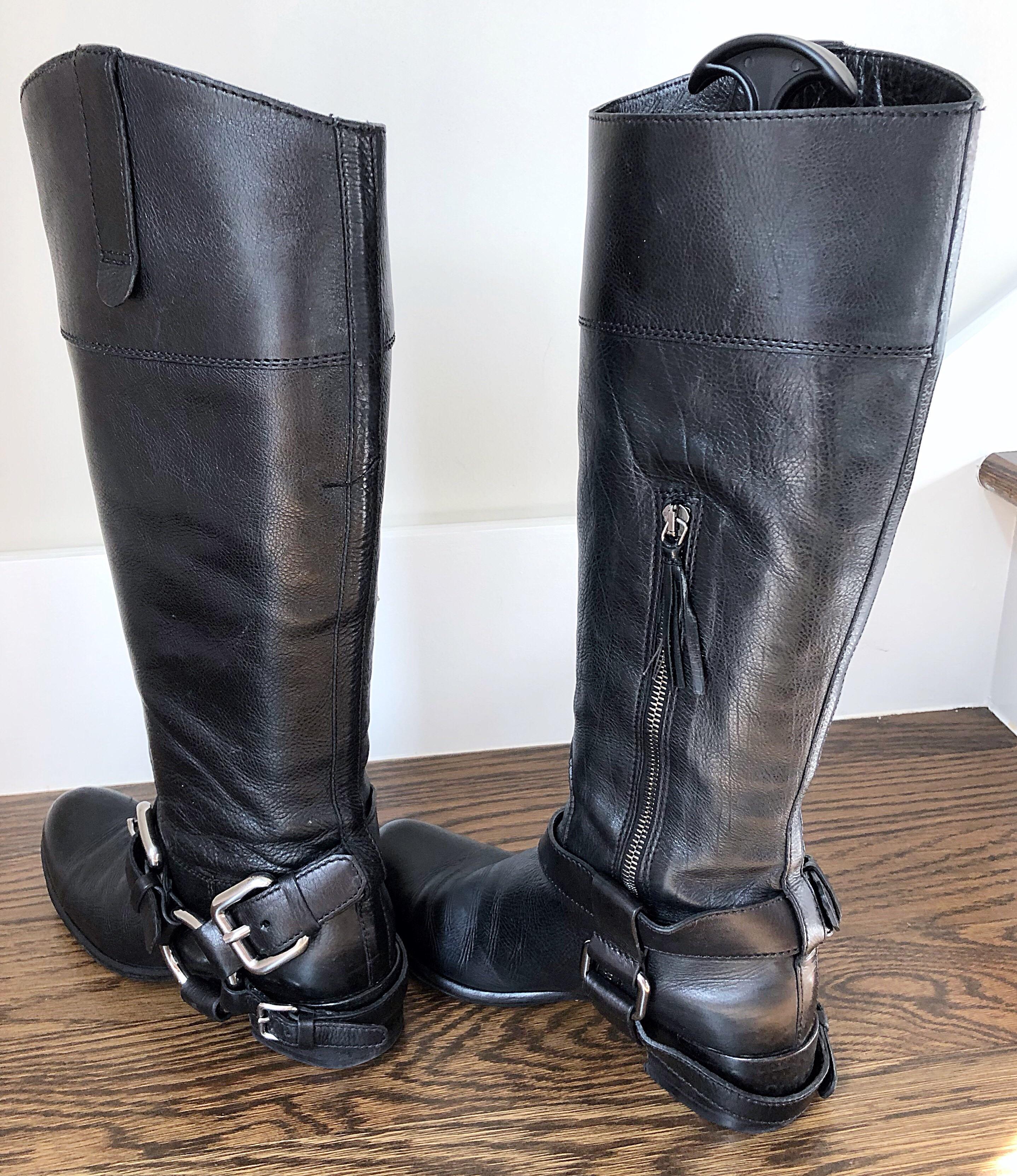 MIU MIU 1990s Size 37 / 7 Black Leather Vintage Moto Boots w/ Removable Buckle In Good Condition In San Diego, CA