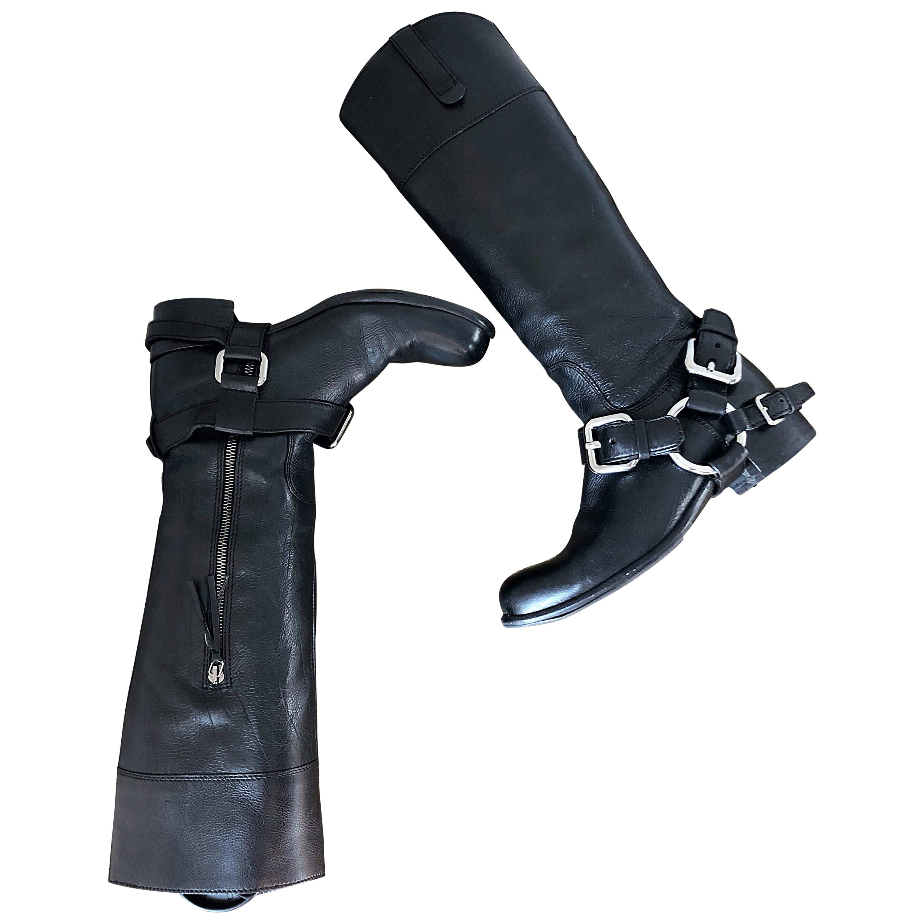 MIU MIU 1990s Size 37 / 7 Black Leather Vintage Moto Boots w/ Removable ...