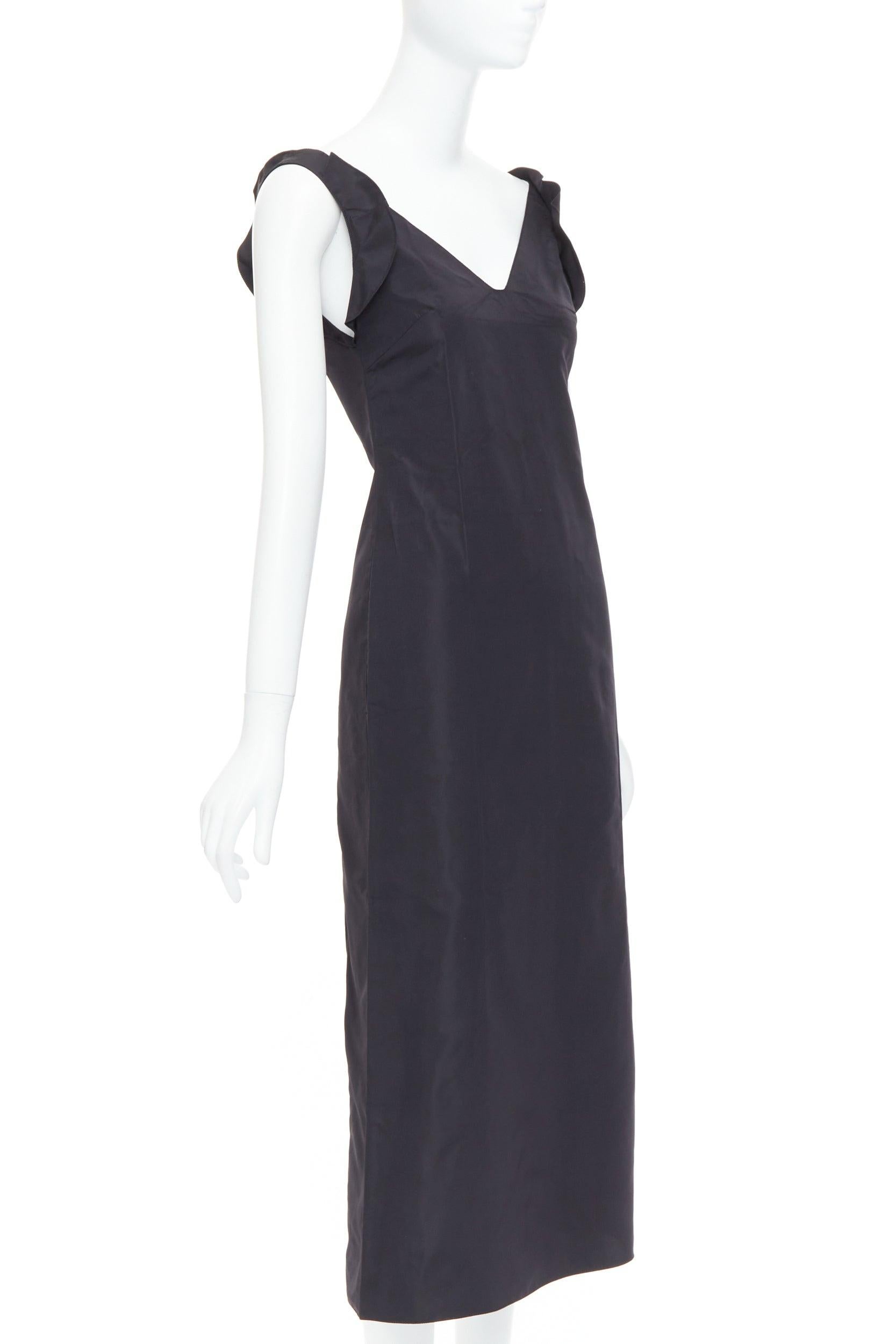 MIU MIU 1990s Vintage black silk blend ruffle strap V back dress IT38 XS In Excellent Condition In Hong Kong, NT