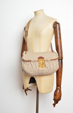 MIU MIU 2000’s Vintage Beige Hessian Tan Leather Shoulder Bag with Gold Hardware