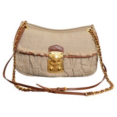 MIU MIU 2000’s Vintage Beige Hessian Tan Leather Shoulder Bag with Gold Hardware