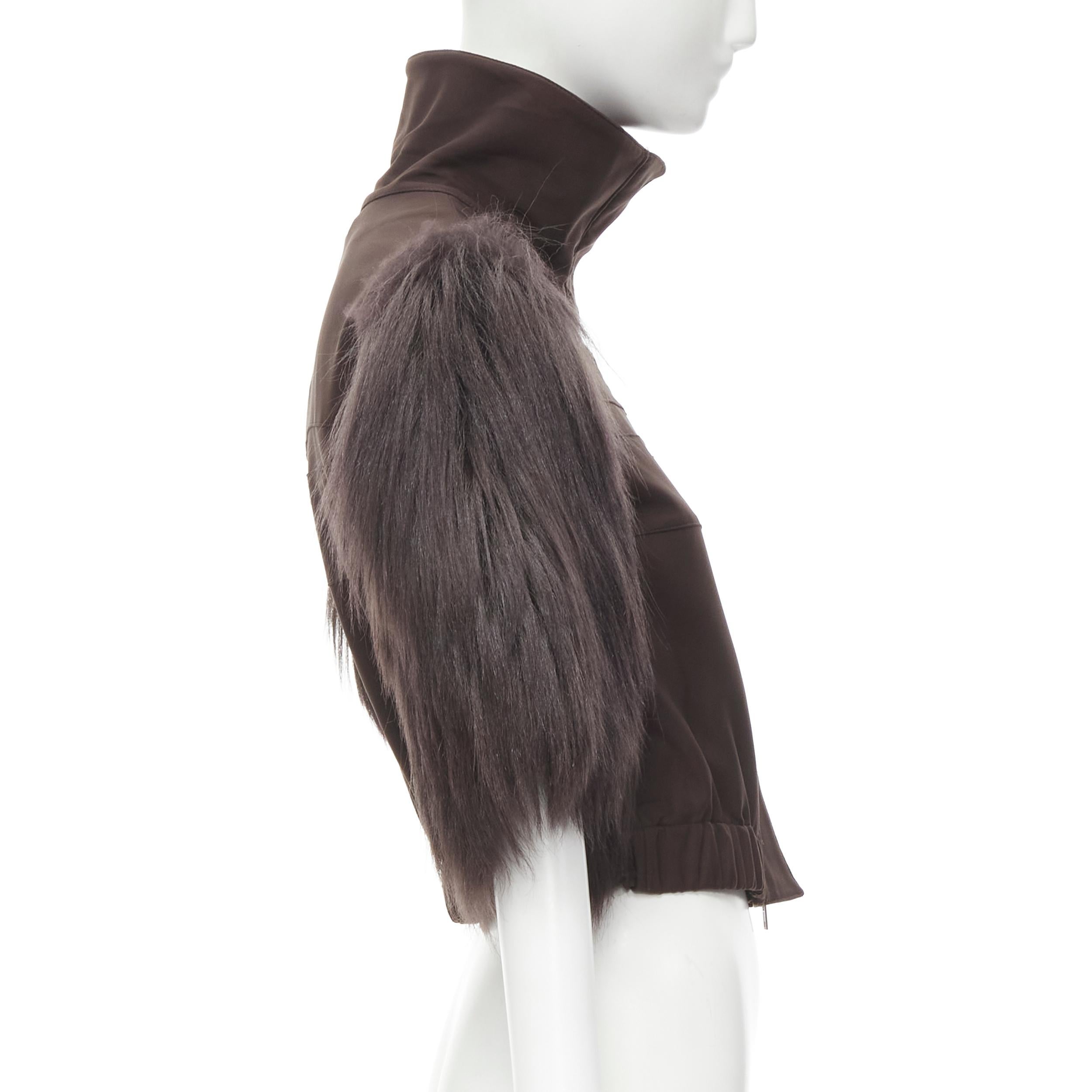 MIU MIU 2006 Runway brown logo goat fur sleeve cropped zip up jacket IT38 XS