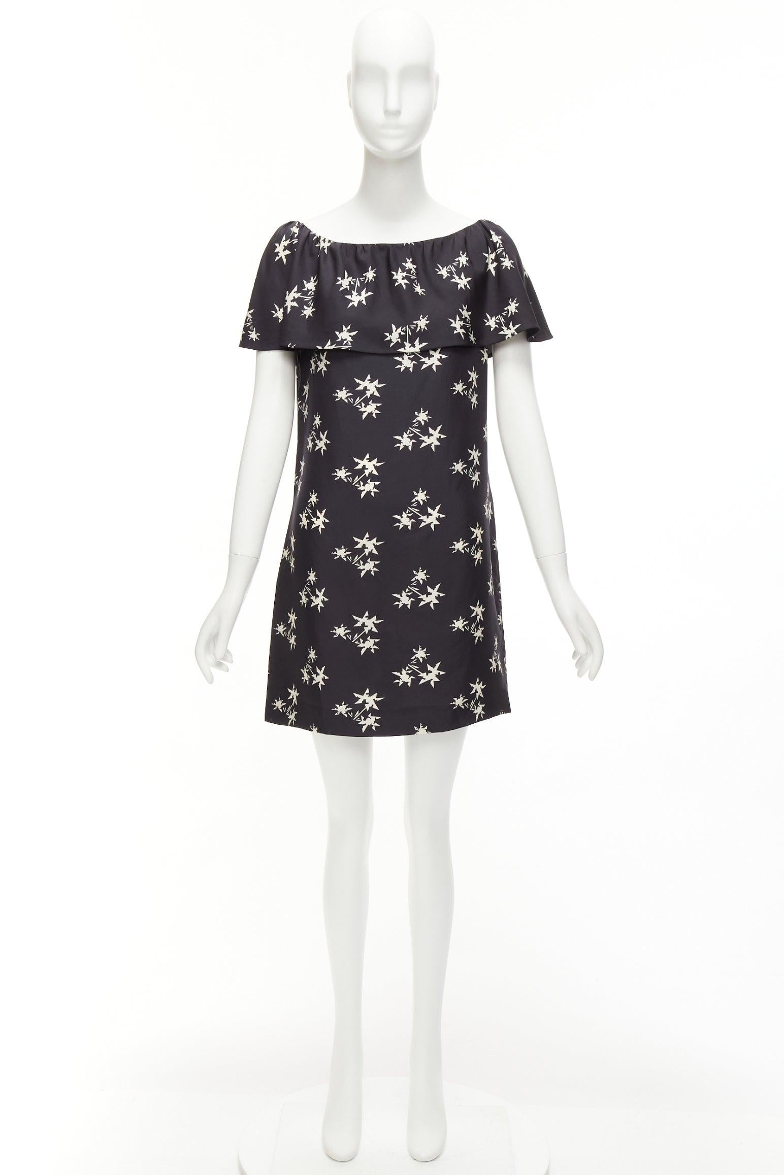 MIU MIU 2007 black 100% silk star print cape sleeves bateau mini dress IT42 M For Sale 6
