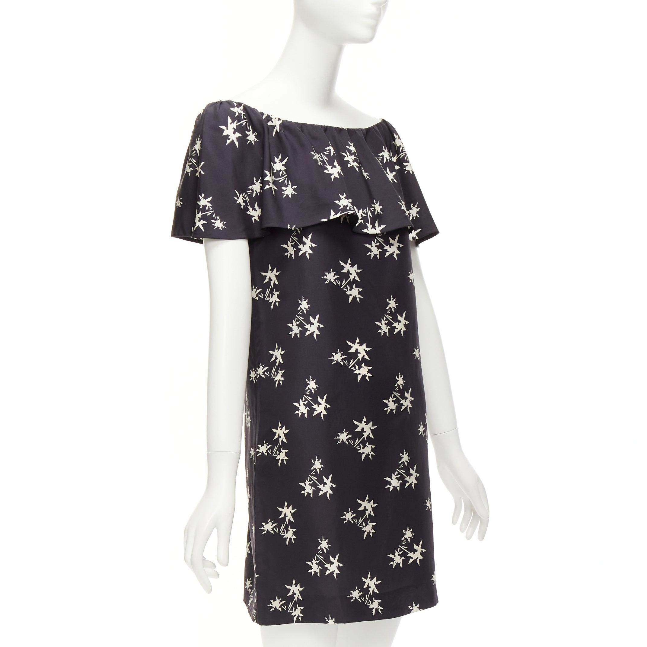Black MIU MIU 2007 black 100% silk star print cape sleeves bateau mini dress IT42 M For Sale