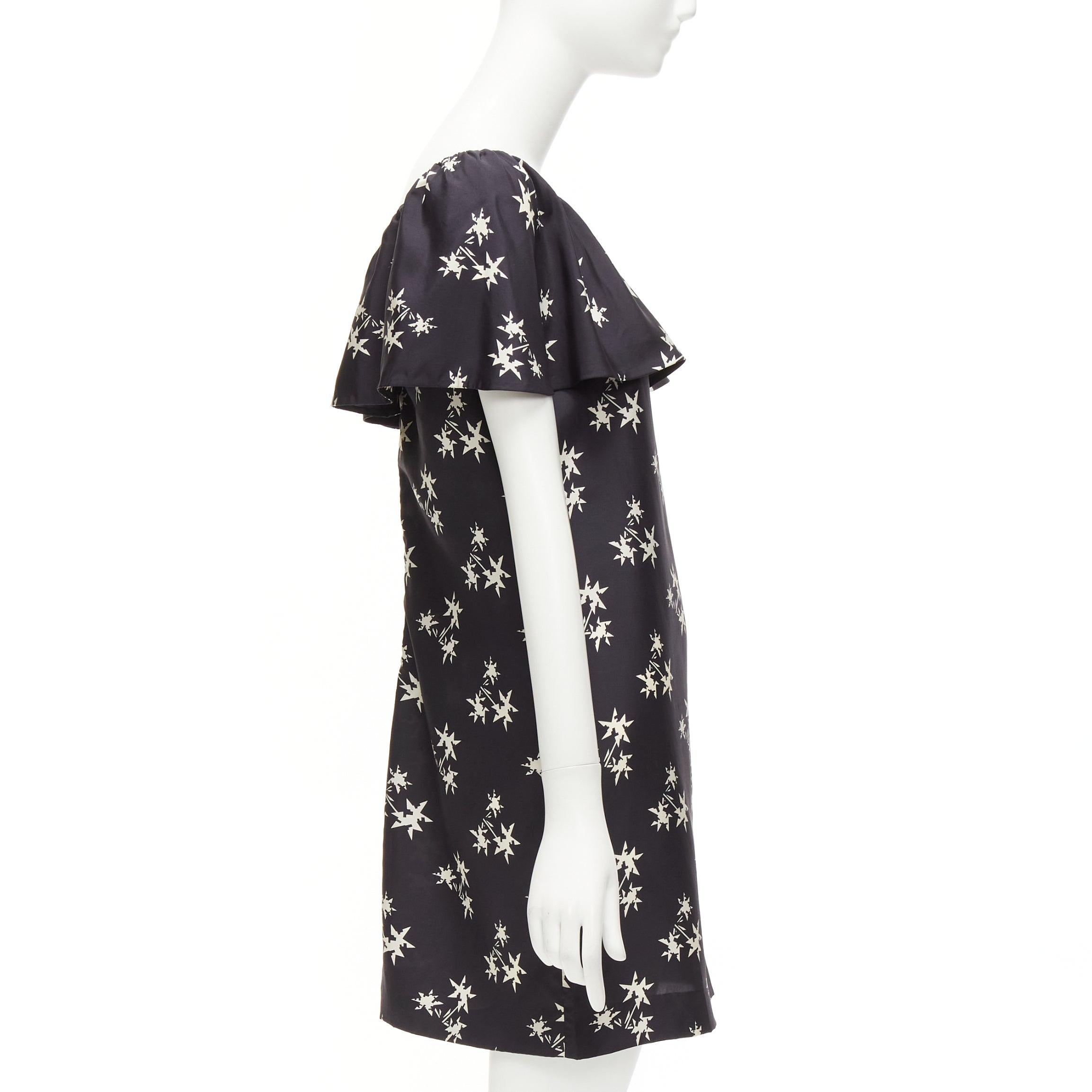 MIU MIU 2007 black 100% silk star print cape sleeves bateau mini dress IT42 M In Excellent Condition For Sale In Hong Kong, NT
