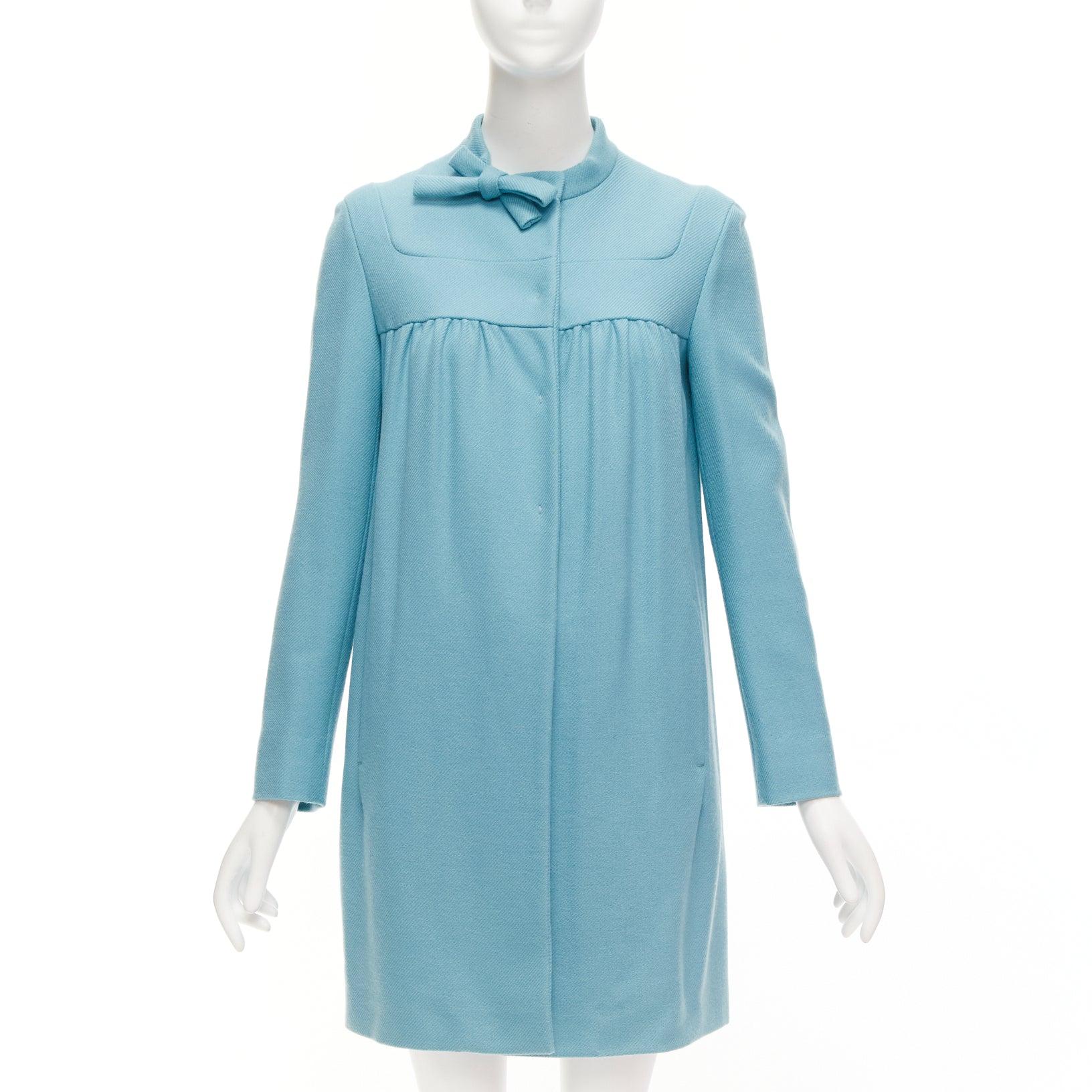 Blue MIU MIU 2008 teal blue virgin wool cashmere bow collar gathered coat IT42 M