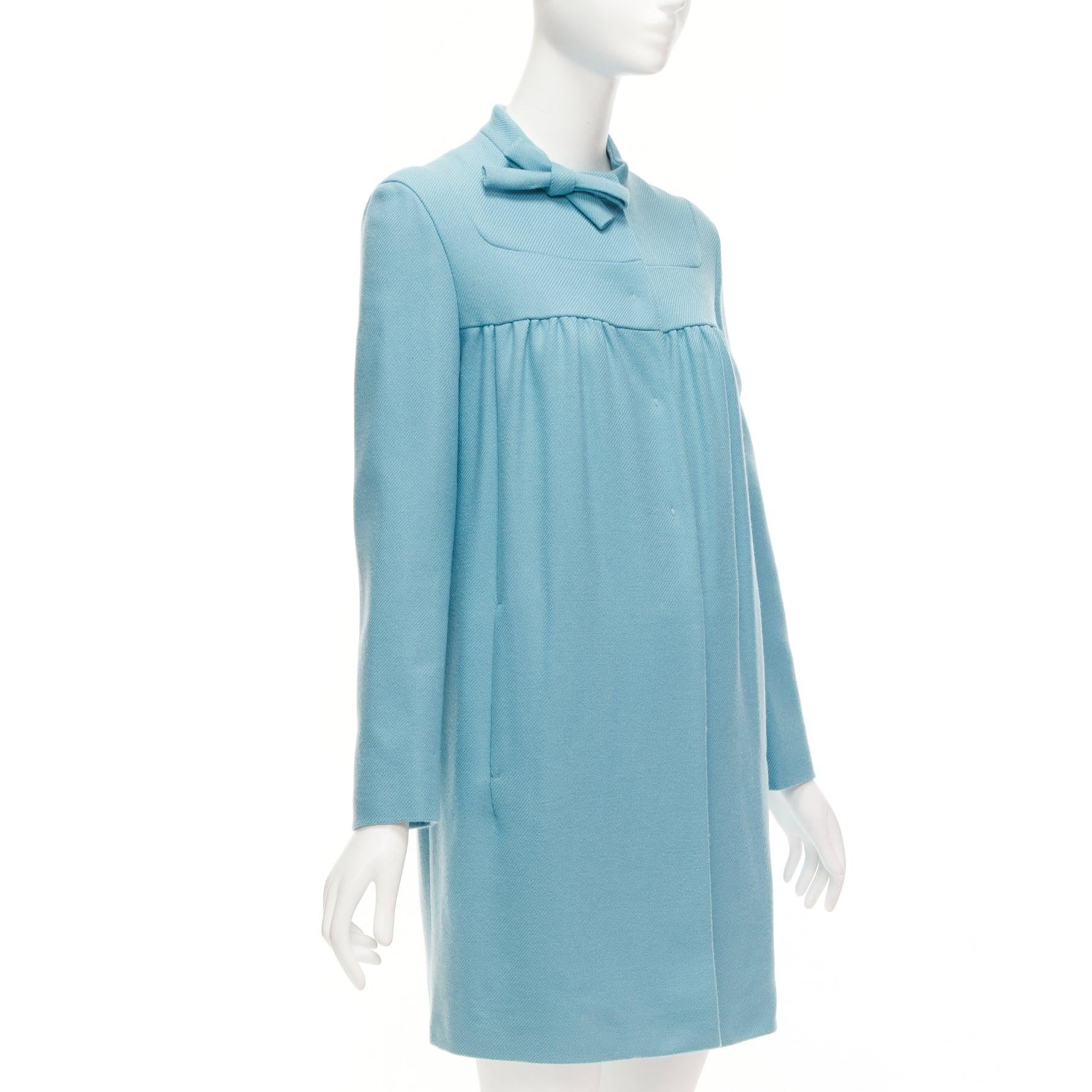 MIU MIU 2008 teal blue virgin wool cashmere bow collar gathered coat IT42 M In Good Condition In Hong Kong, NT