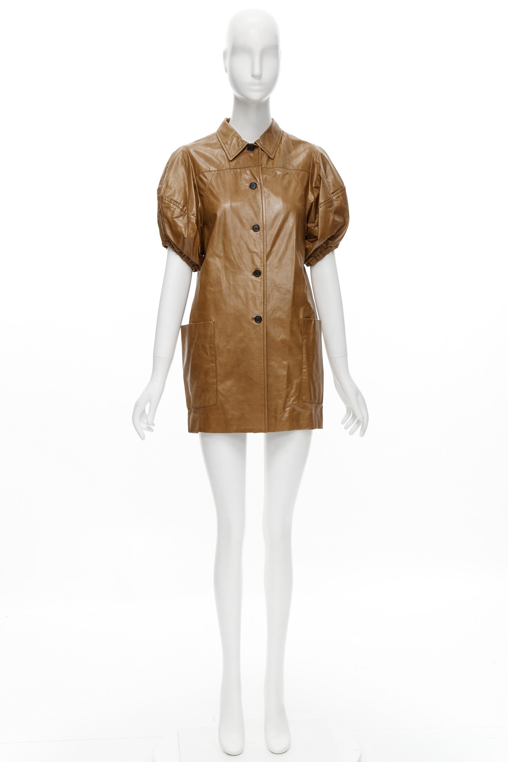 MIU MIU 2008 vintage brown leather puff sleeve button front mini dress IT38 XS 5