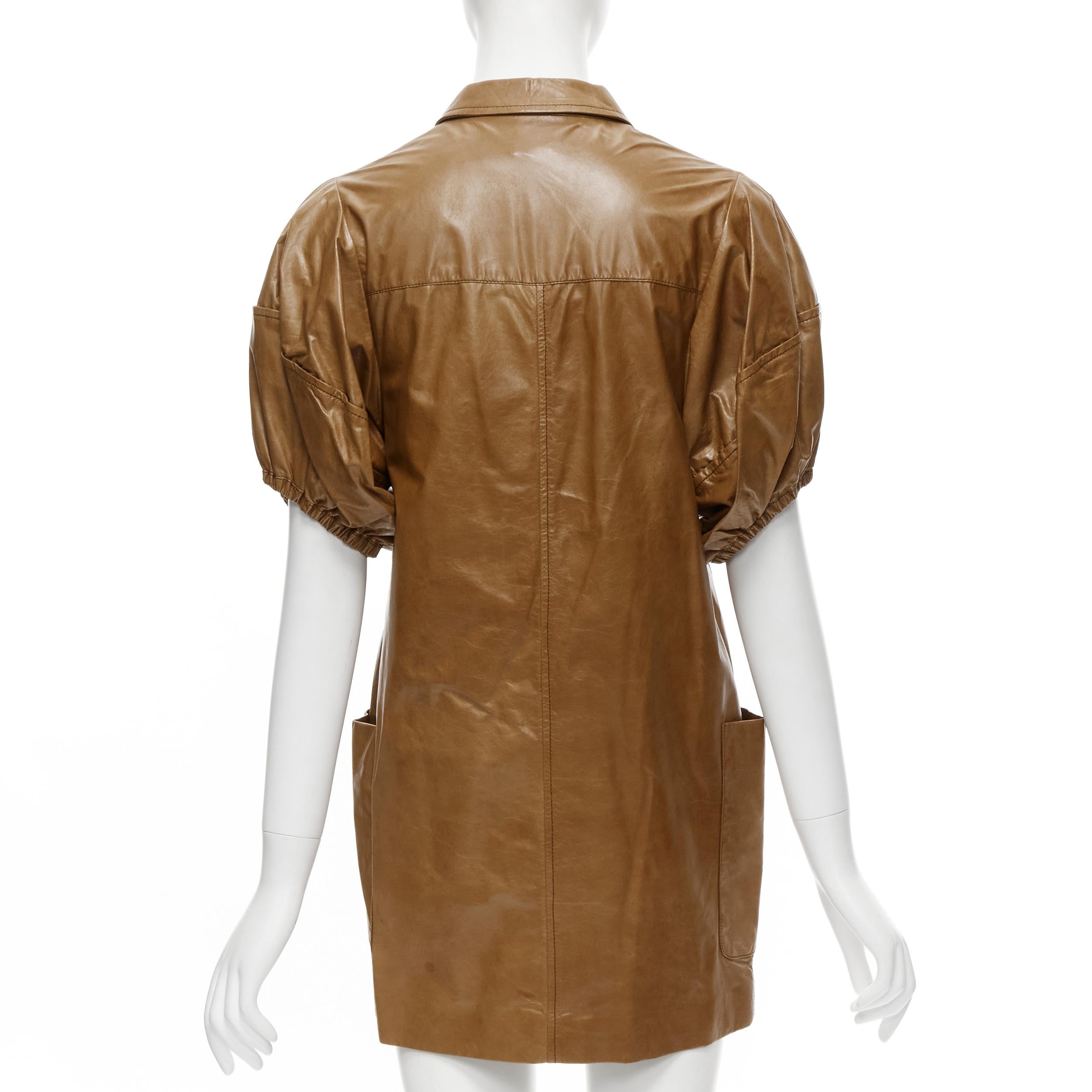 Brown MIU MIU 2008 vintage brown leather puff sleeve button front mini dress IT38 XS