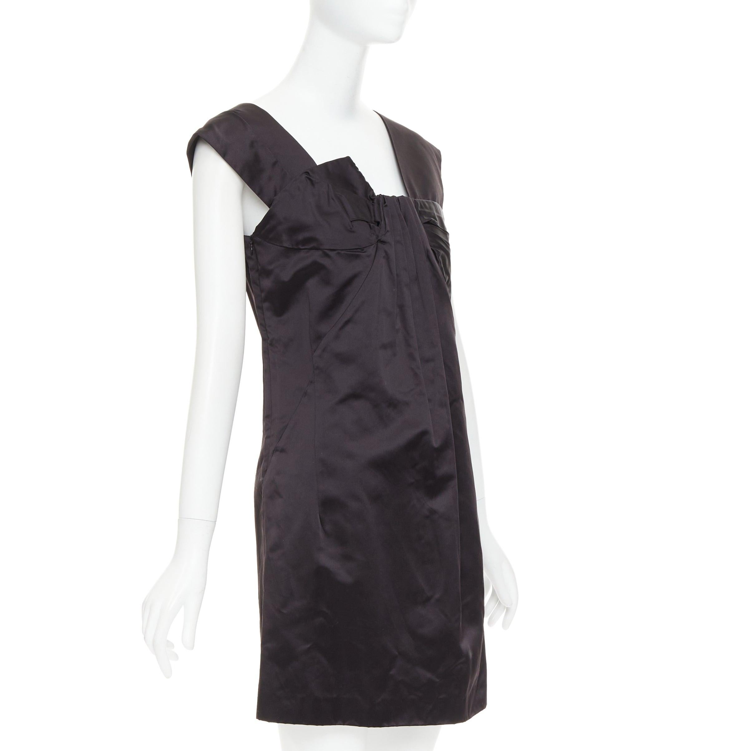 Black MIU MIU 2009 black silk satin bow top pleated mini dress IT44 L For Sale