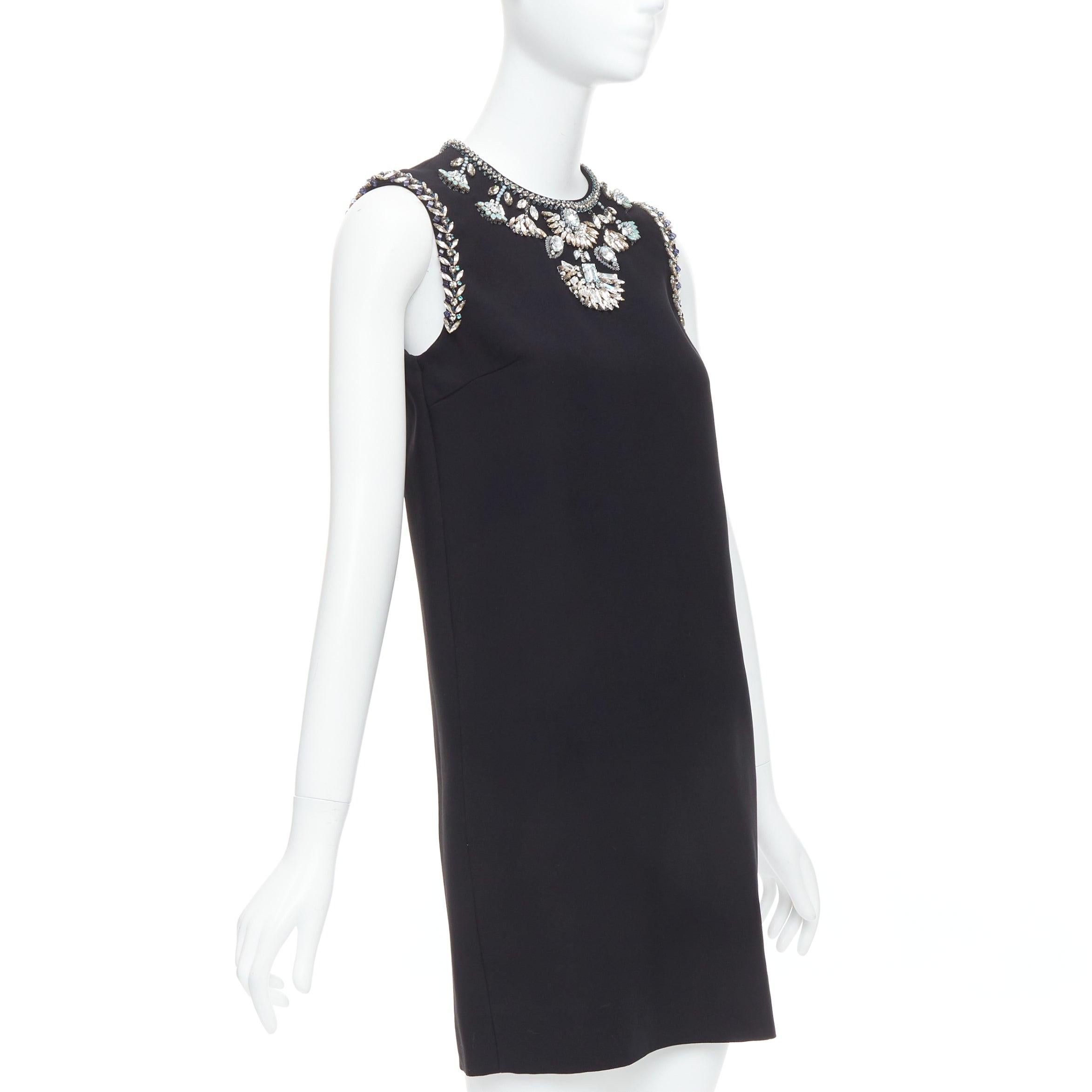 Black MIU MIU 2014 black blue clear rhinestone embellished shift dress IT38 XS For Sale