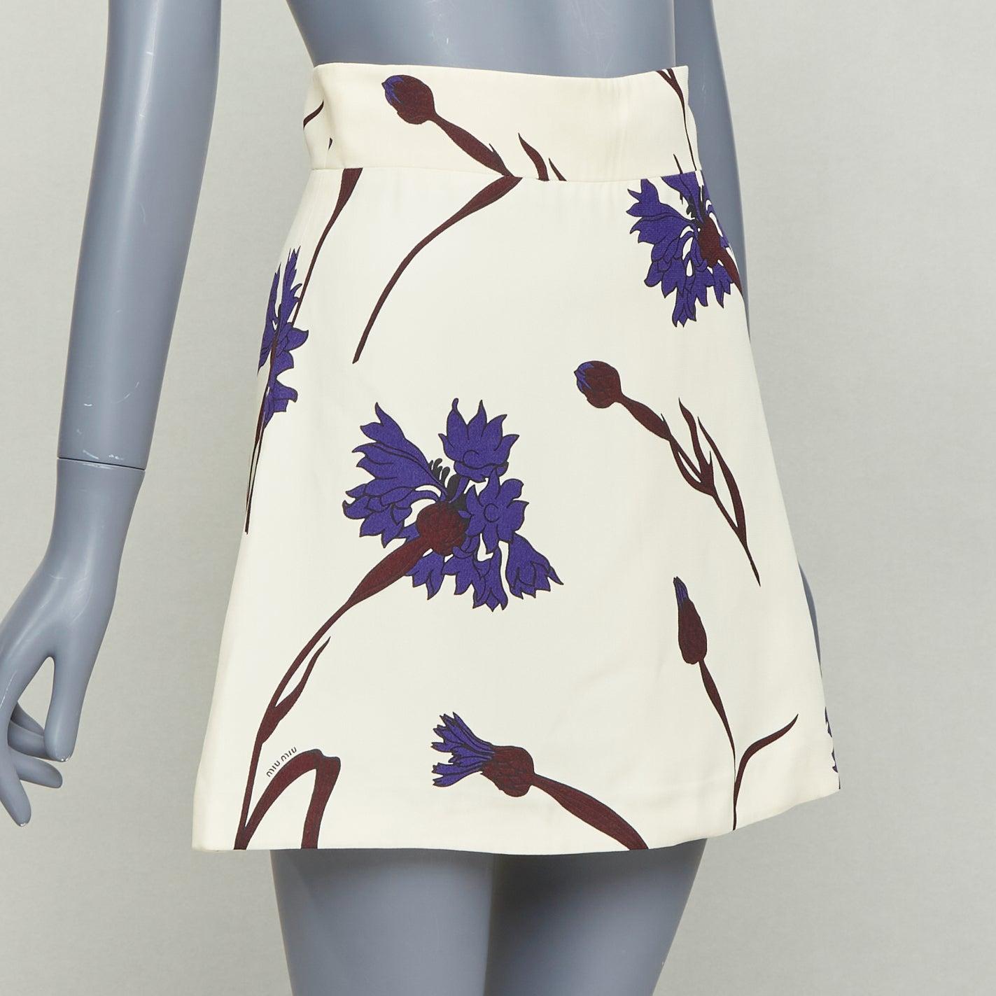 MIU MIU 2014 Creme lila geblümt hoch taillierter Aline Rock IT38 XS (Weiß) im Angebot