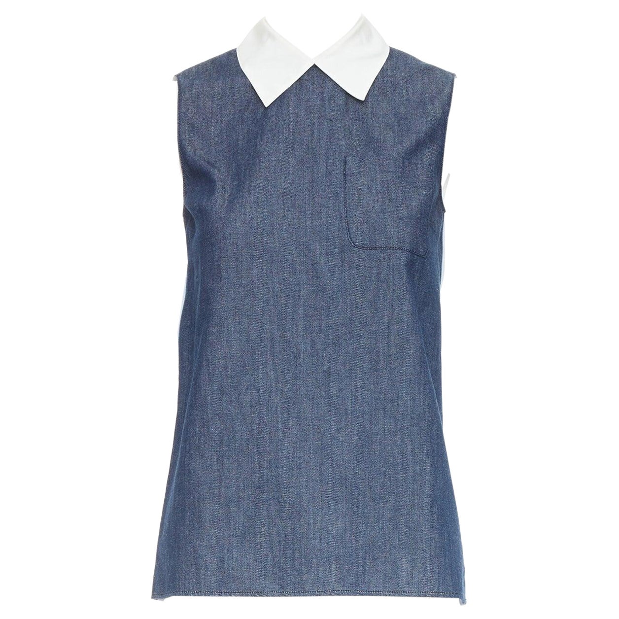 MIU MIU 2015 blu denim patchwork bianco colletto tasca tunica camicia top IT38 XS in vendita