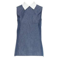 MIU MIU 2015 blue denim patchwork white collar pocket tunic shirt top IT38 XS