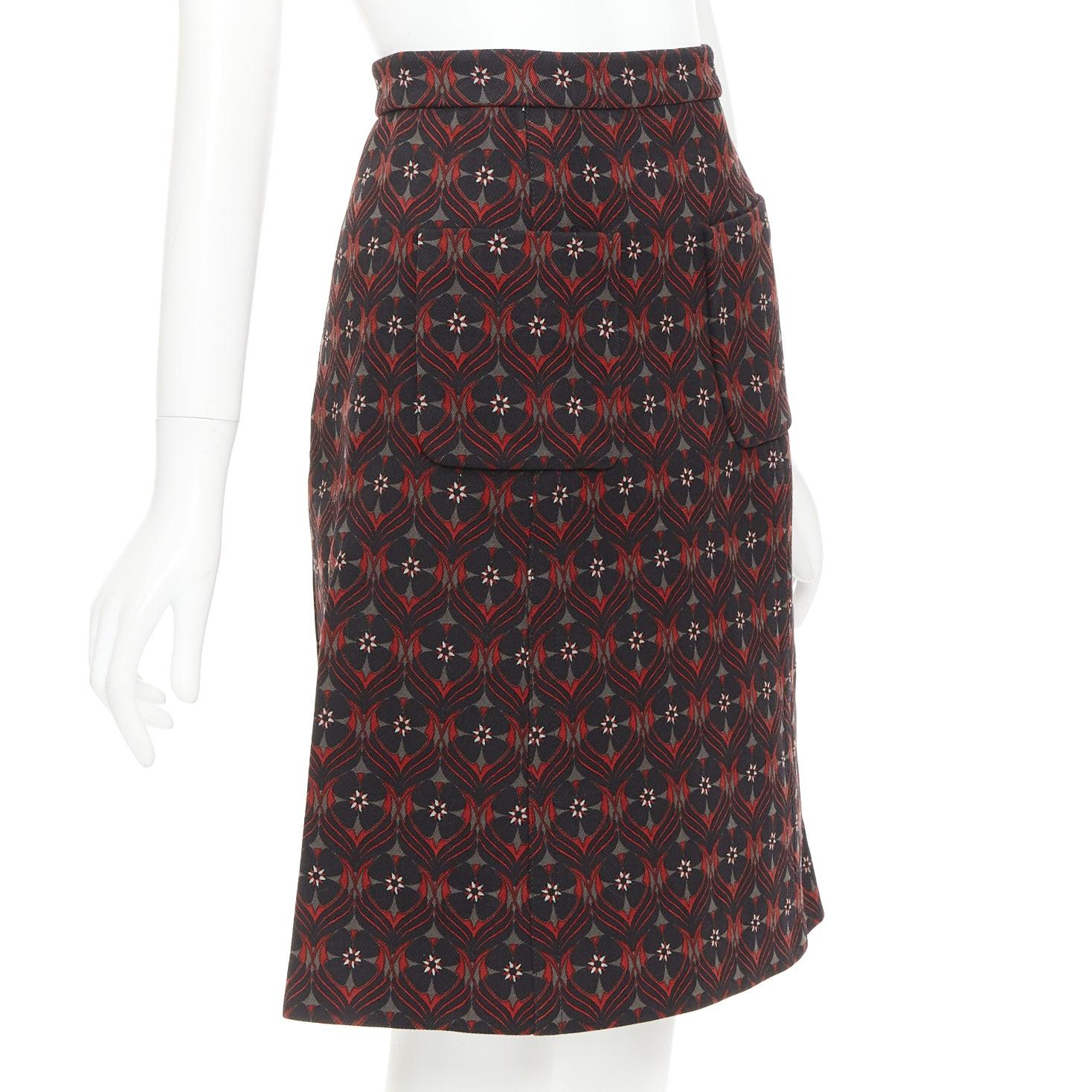 Black MIU MIU 2015 floral virgin wool vintage print pocketed A-line skirt IT36 XXS For Sale