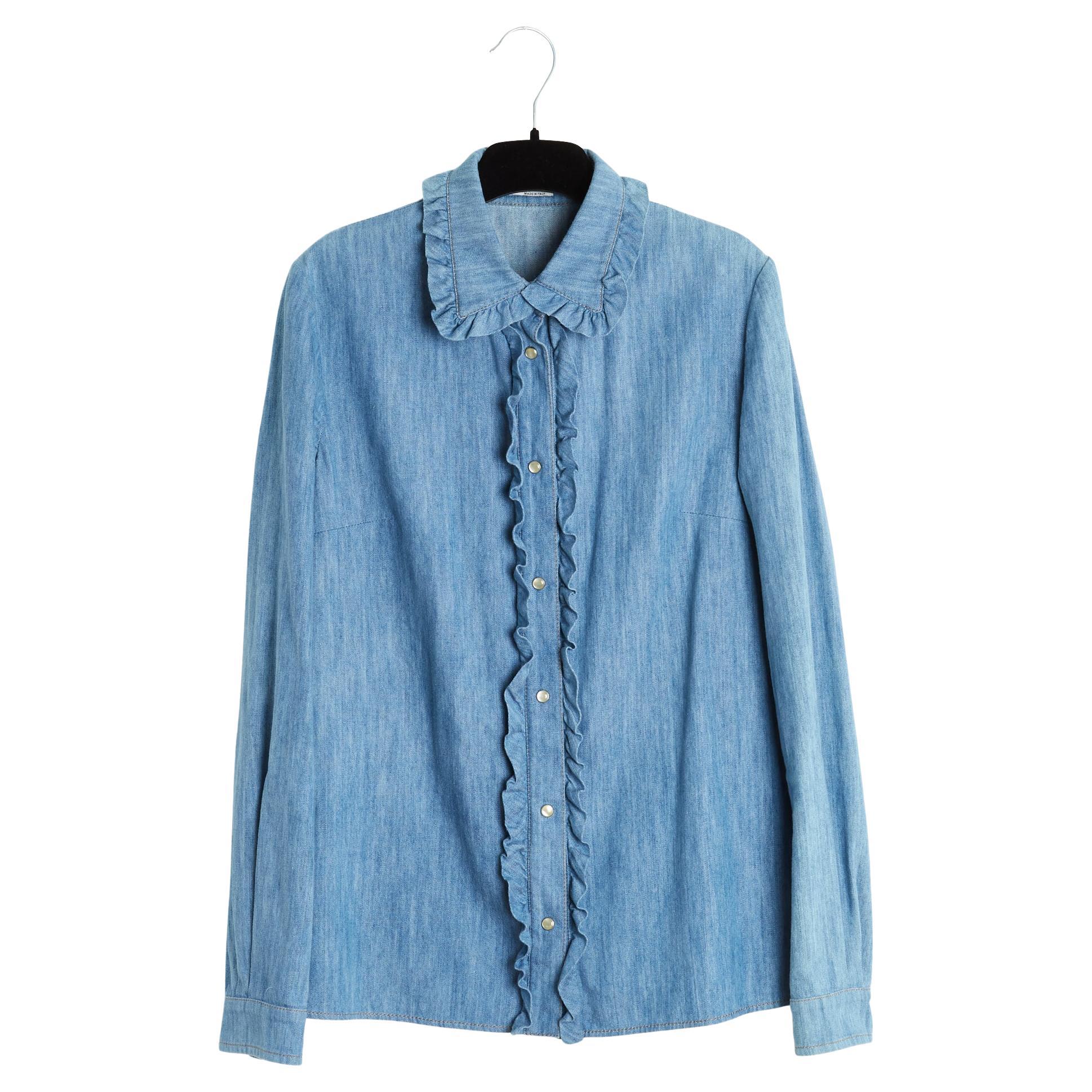 Miu Miu 2016 Top Chemise Jean Fr38 Denim Ruffles Camicetta UK10 US8 in vendita