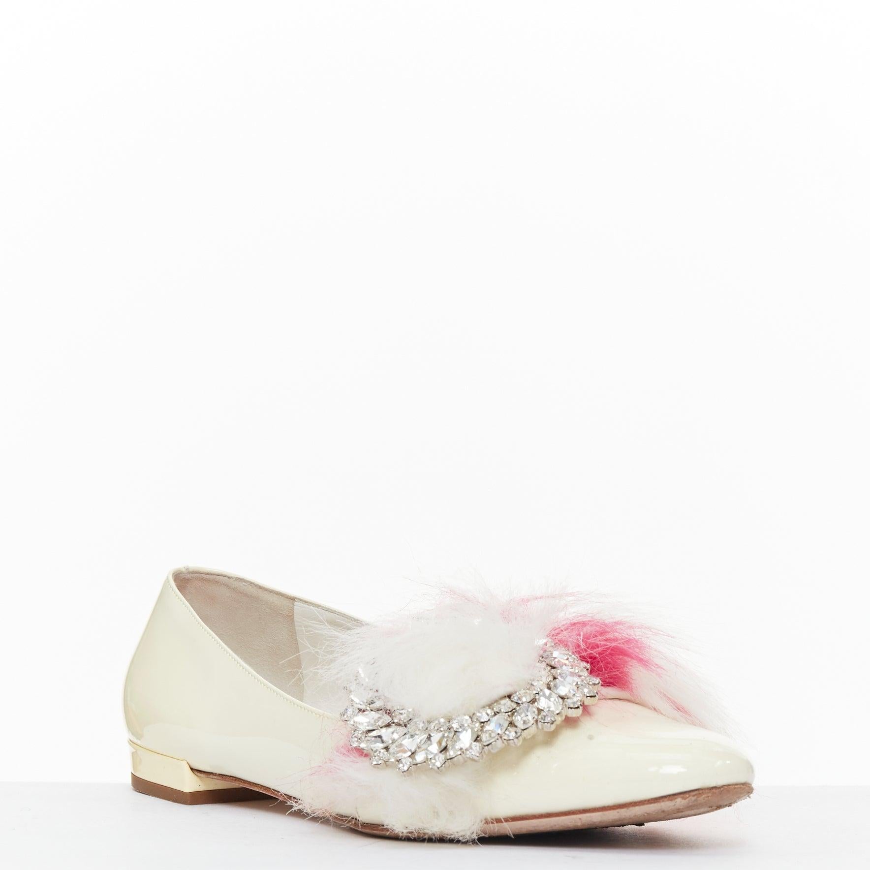 Beige MIU MIU 2017 cream patent white pink faux fur buckle flats EU37.5 For Sale
