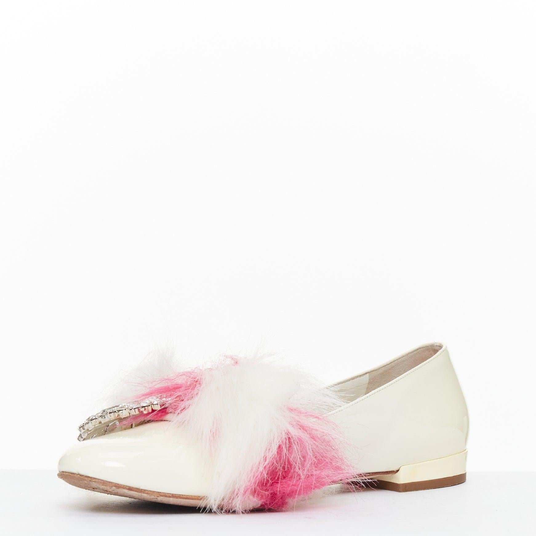 MIU MIU 2017 cream patent white pink faux fur buckle flats EU37.5 In Fair Condition For Sale In Hong Kong, NT