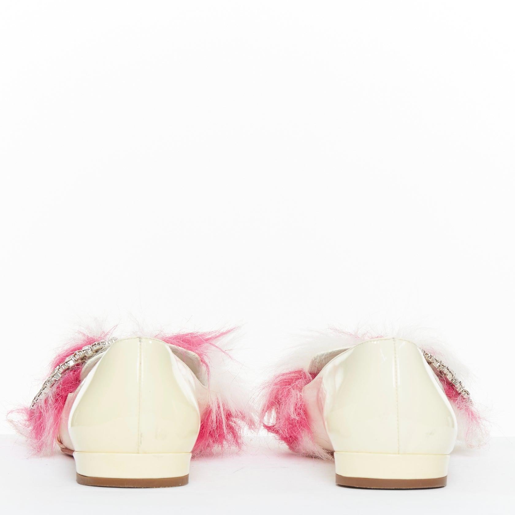 Women's MIU MIU 2017 cream patent white pink faux fur buckle flats EU37.5 For Sale