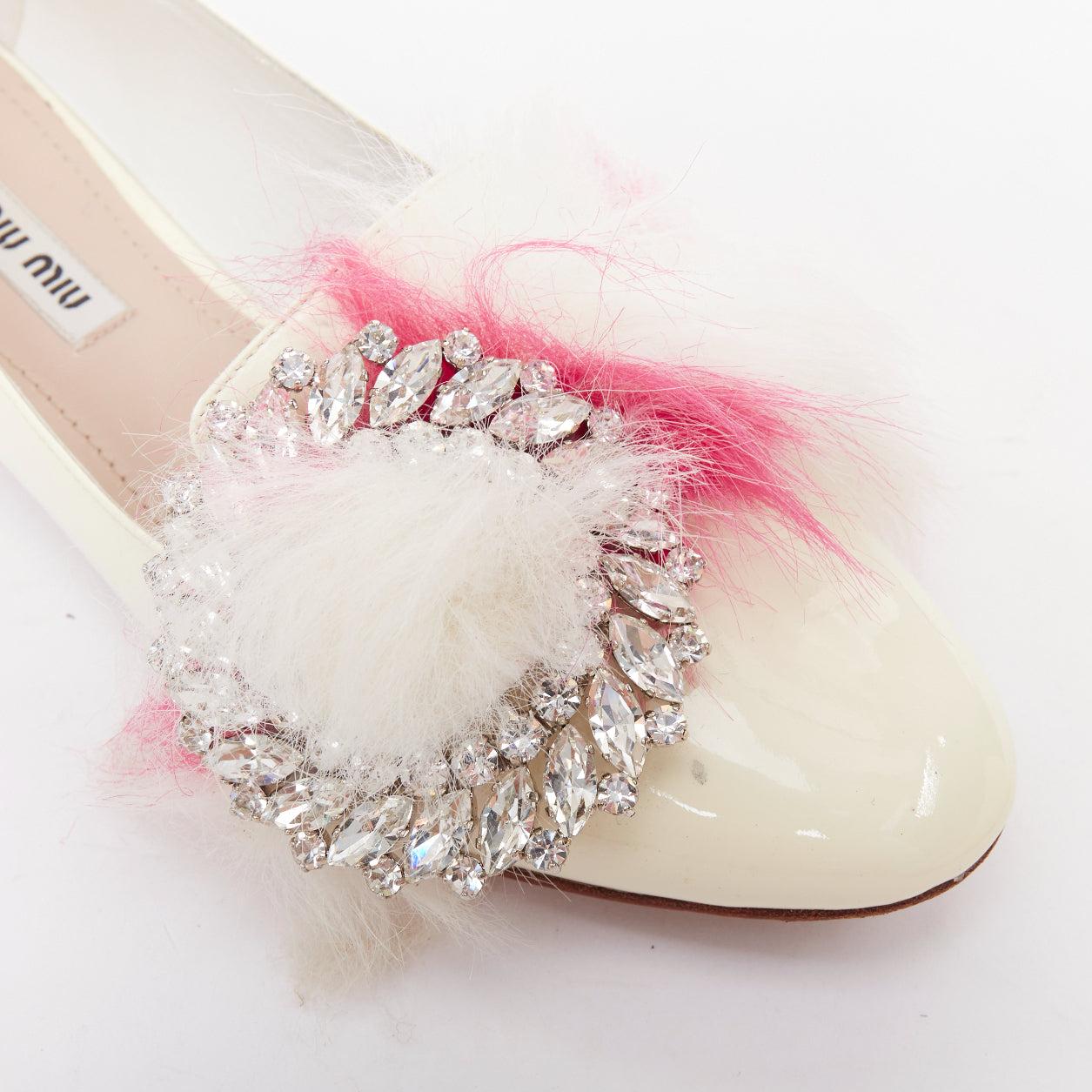 MIU MIU 2017 cream patent white pink faux fur buckle flats EU37.5 For Sale 2