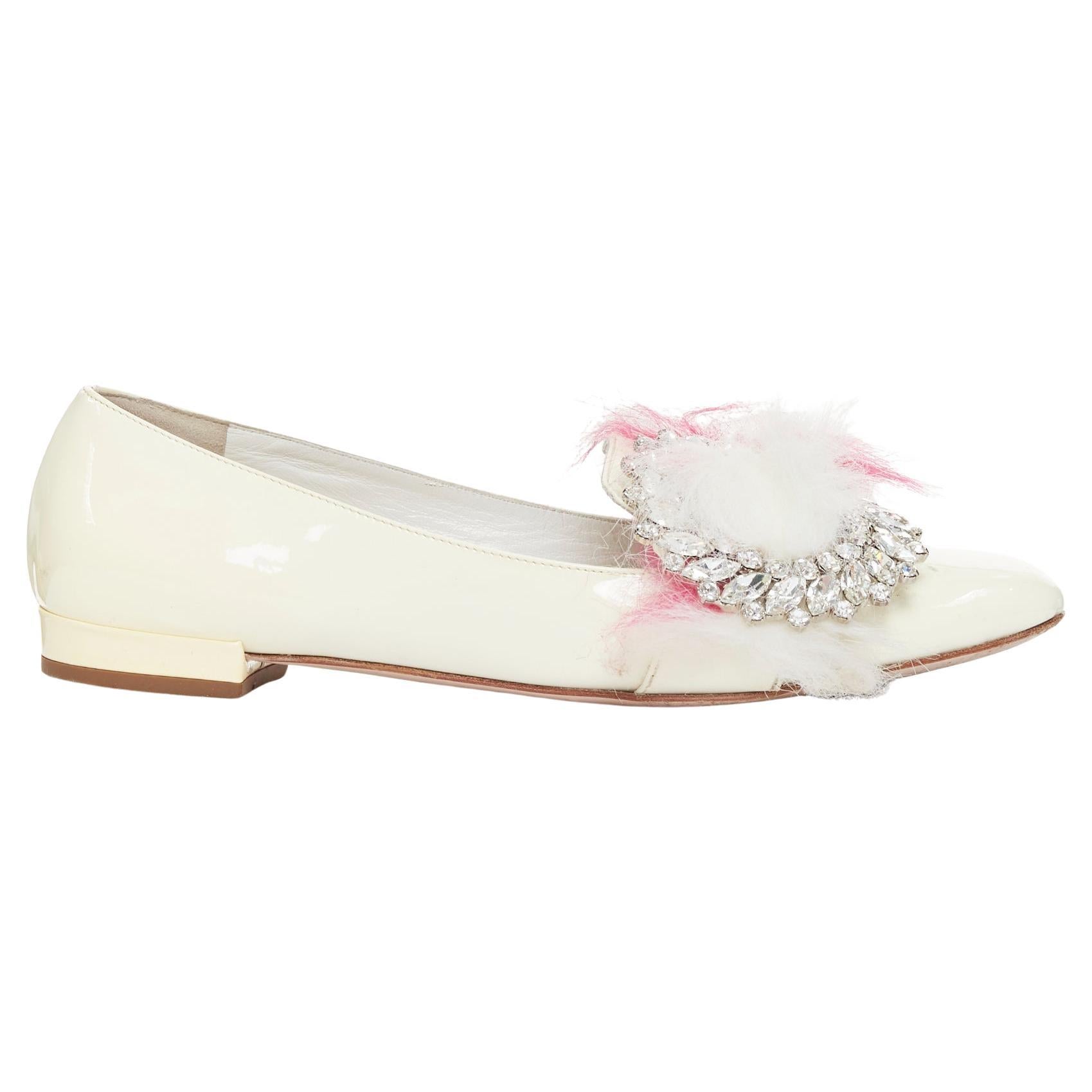 MIU MIU 2017 cream patent white pink faux fur buckle flats EU37.5 For Sale