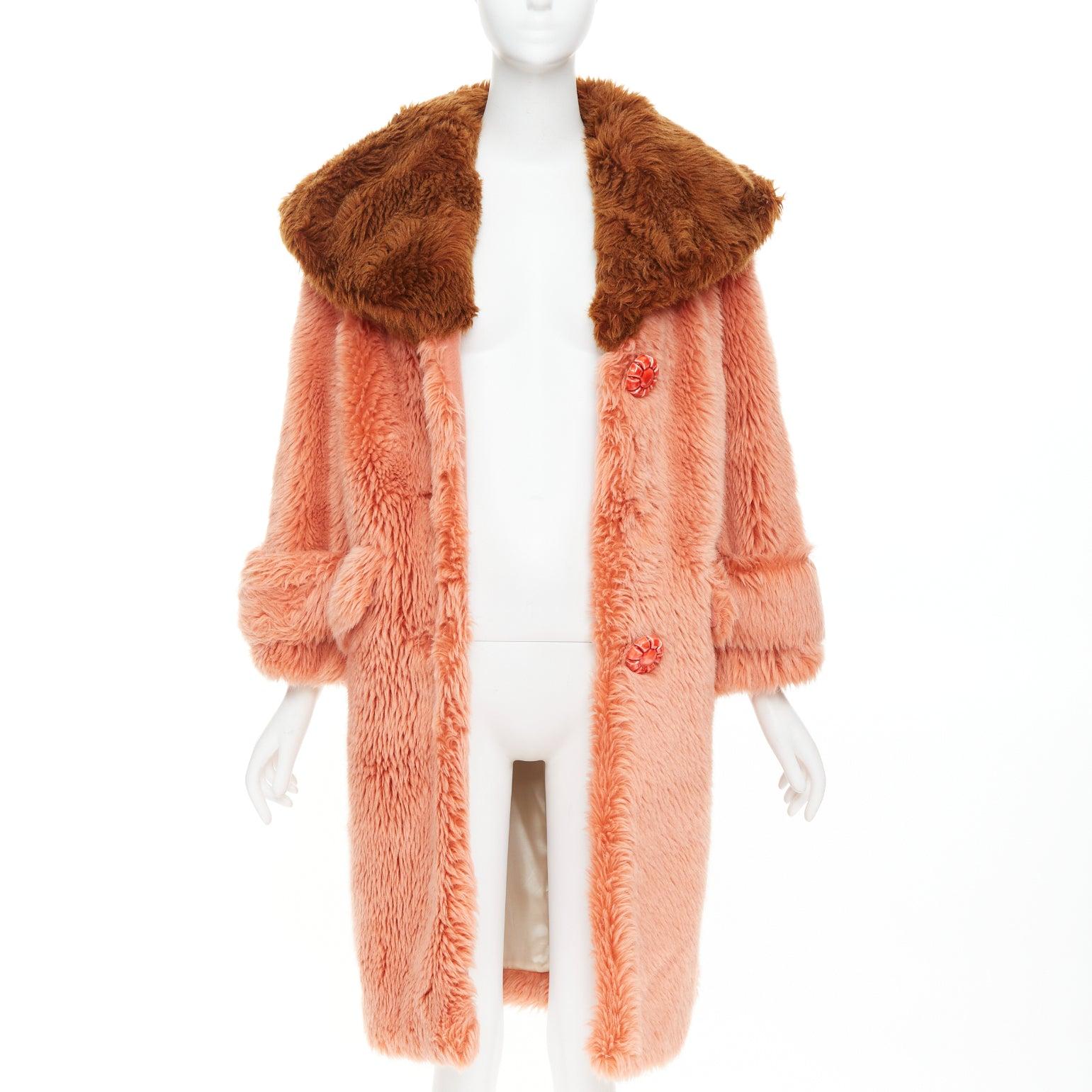 Marrone MIU MIU 2017 Runway brown XL flower button faux fur oversized coat IT36 XS in vendita