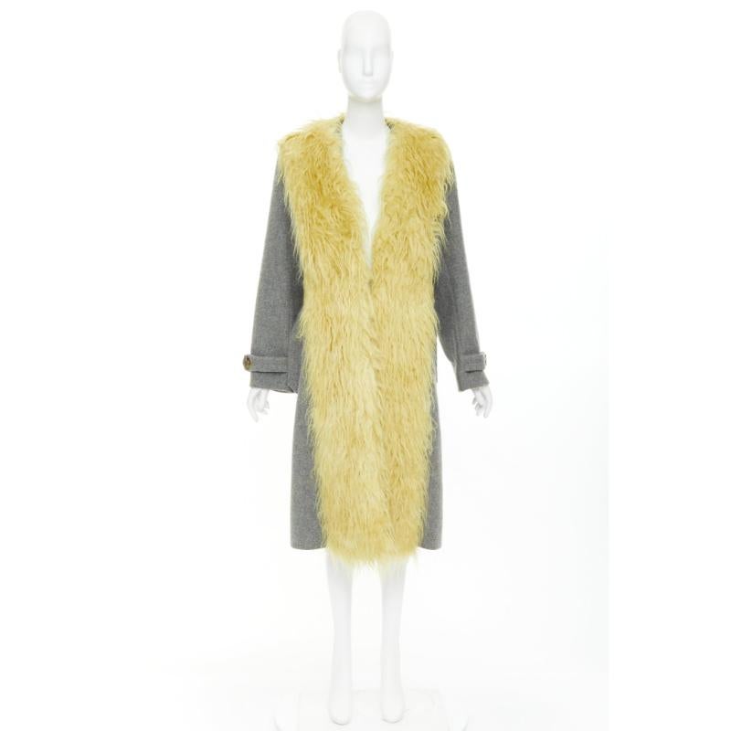 MIU MIU 2017 yellow faux shaggy fur grey wool XL buttons coat IT38 XS im Angebot 5