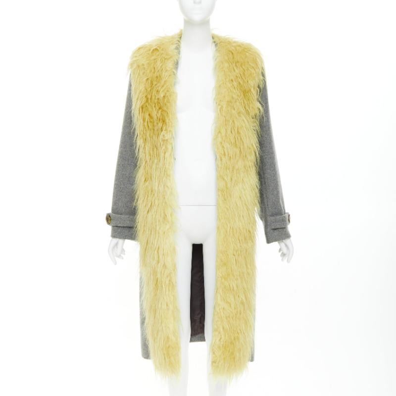 MIU MIU 2017 yellow faux shaggy fur grey wool XL buttons coat IT38 XS (Grau) im Angebot