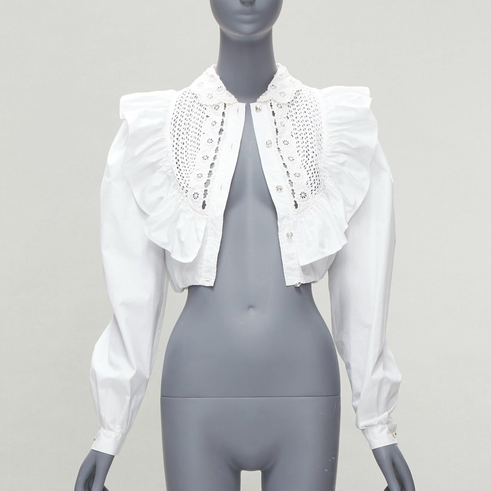Gray MIU MIU 2018 white ruffle crystal button cropped Victorian shirt IT38 XS For Sale