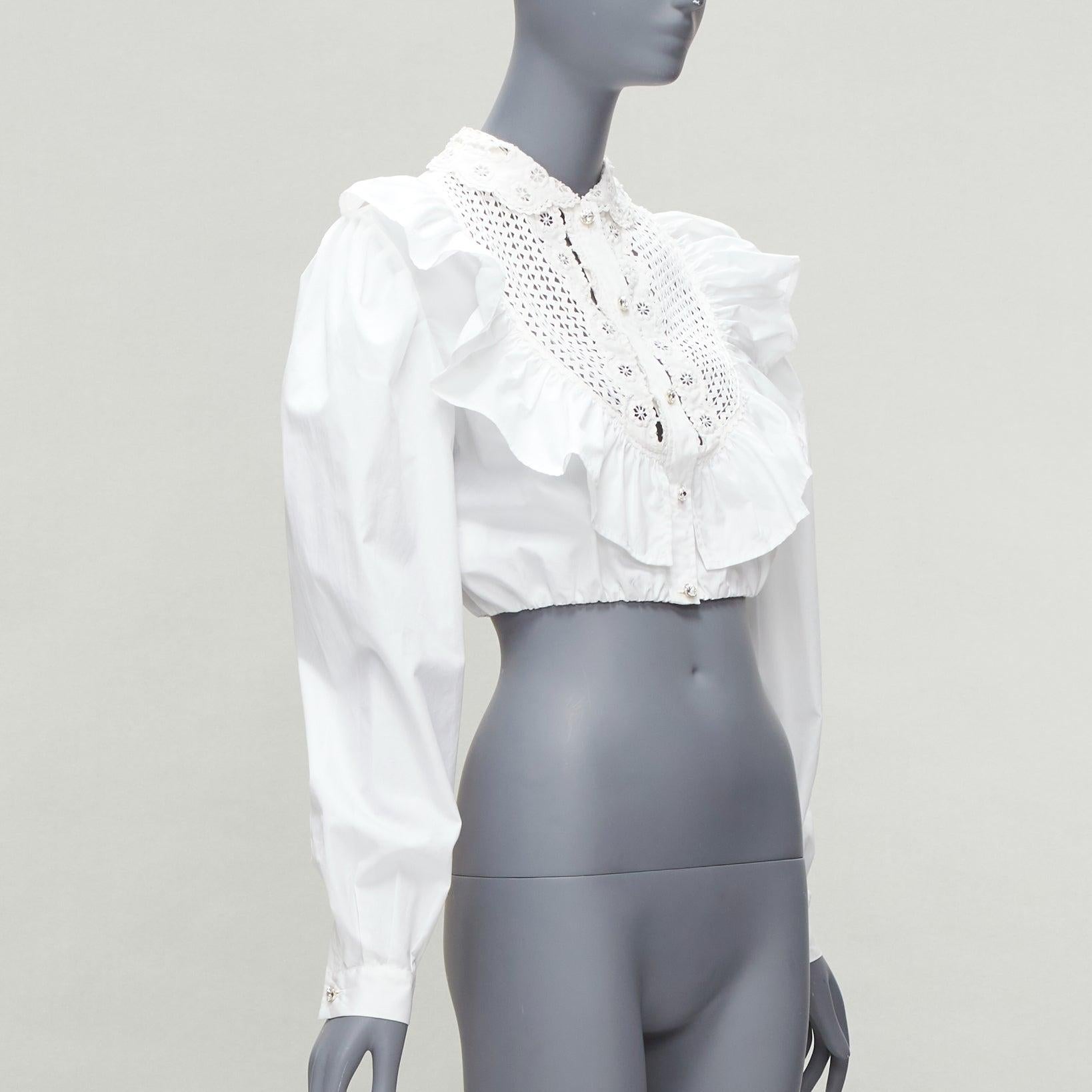 MIU MIU 2018 white ruffle crystal button cropped Victorian shirt IT38 XS In Good Condition For Sale In Hong Kong, NT