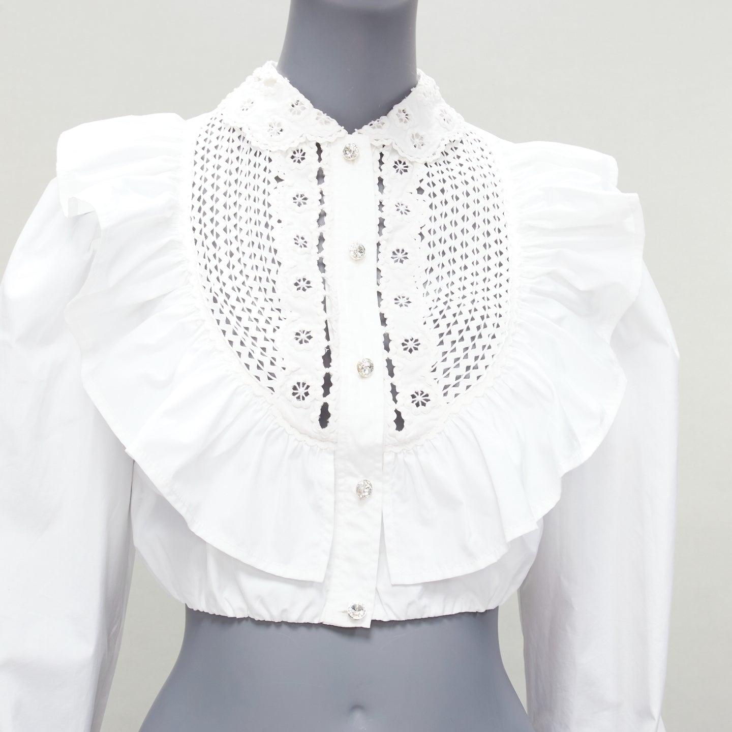 MIU MIU 2018 white ruffle crystal button cropped Victorian shirt IT38 XS For Sale 3