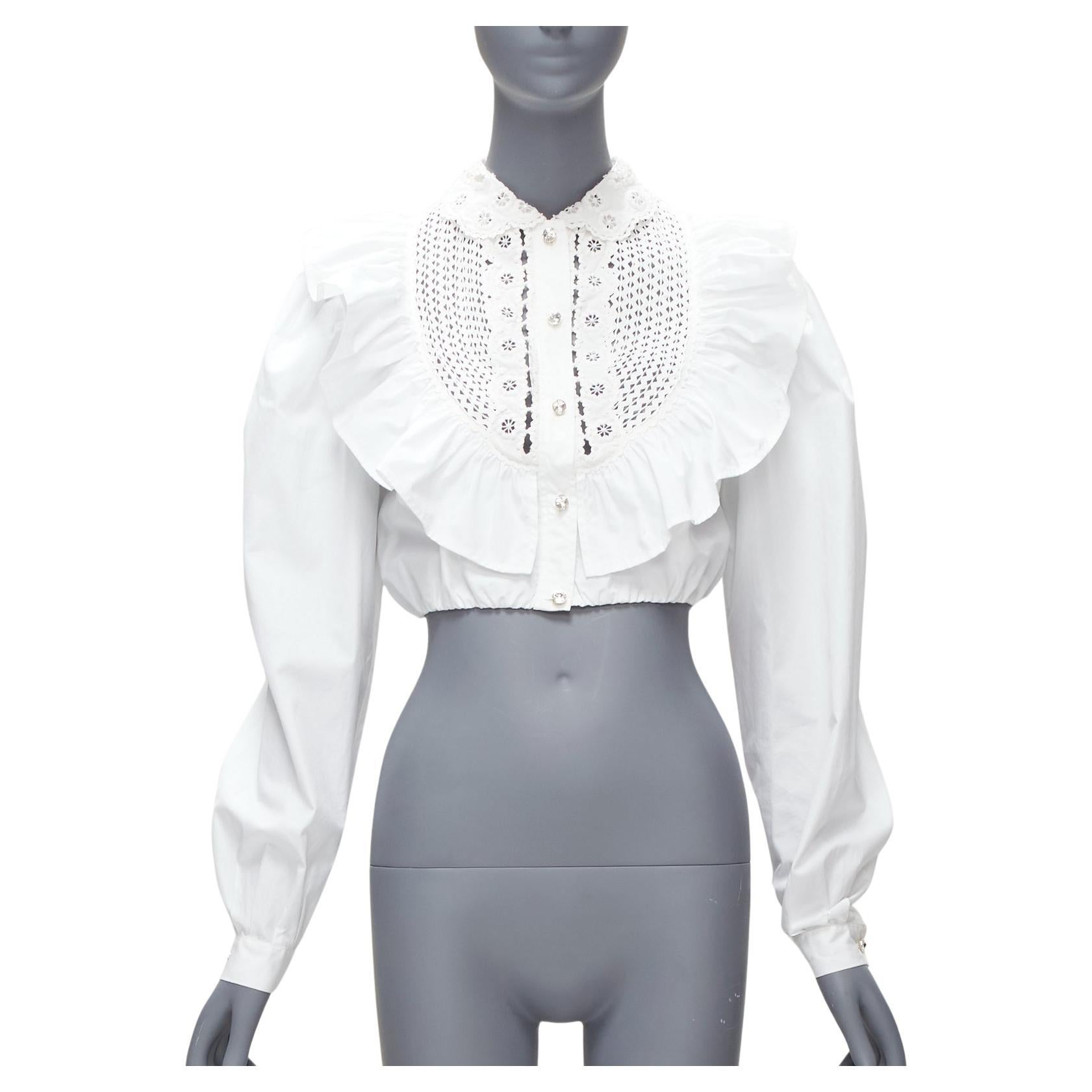 MIU MIU 2018 white ruffle crystal button cropped Victorian shirt IT38 XS For Sale