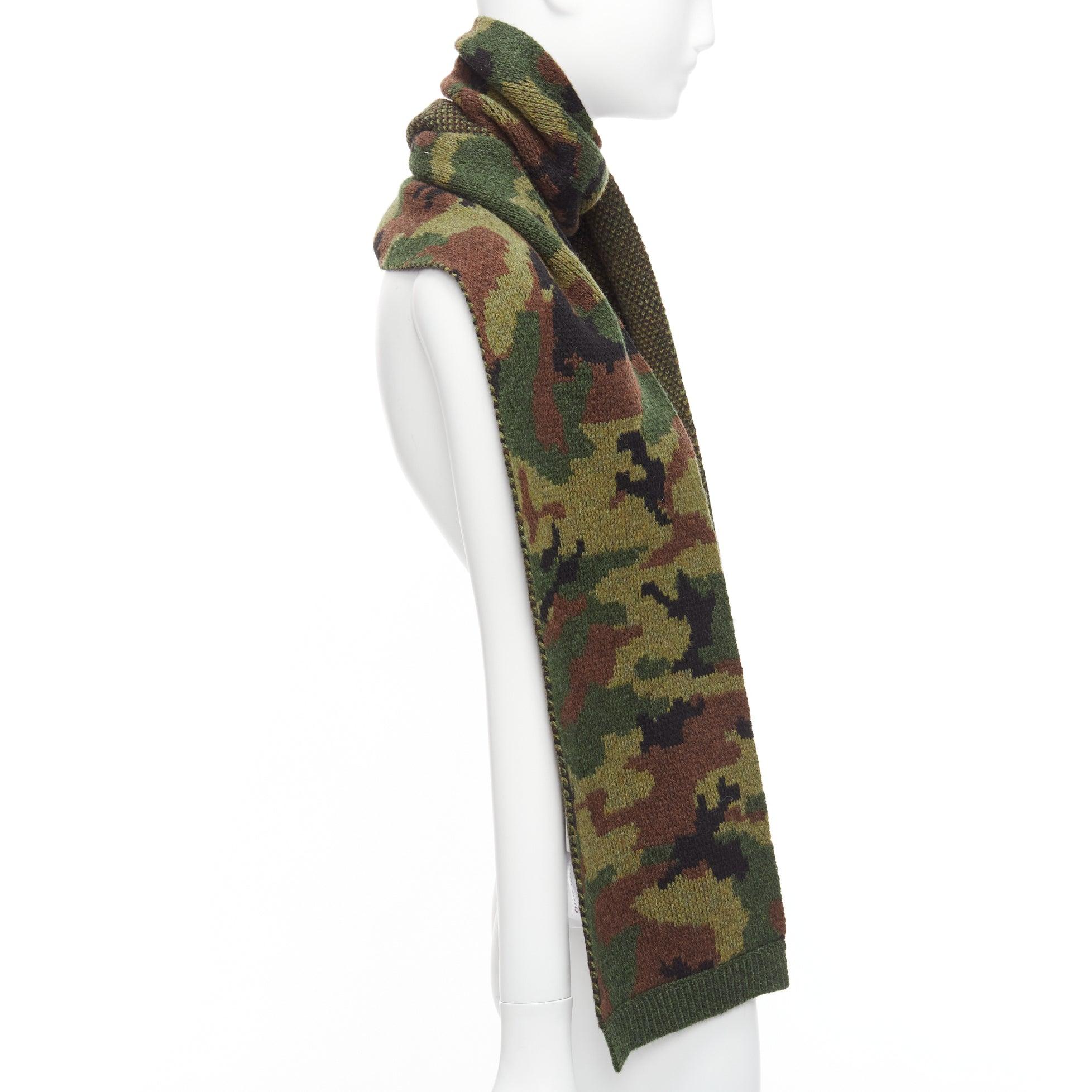 MIU MIU 2019 100% virgin woo green brown camouflage jacquard long scarf In Excellent Condition For Sale In Hong Kong, NT