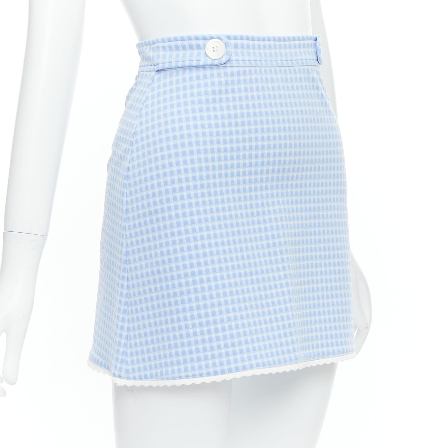 Blue MIU MIU 2019 blue white gingham seersucker scallop trim buttons mini skirt XS
