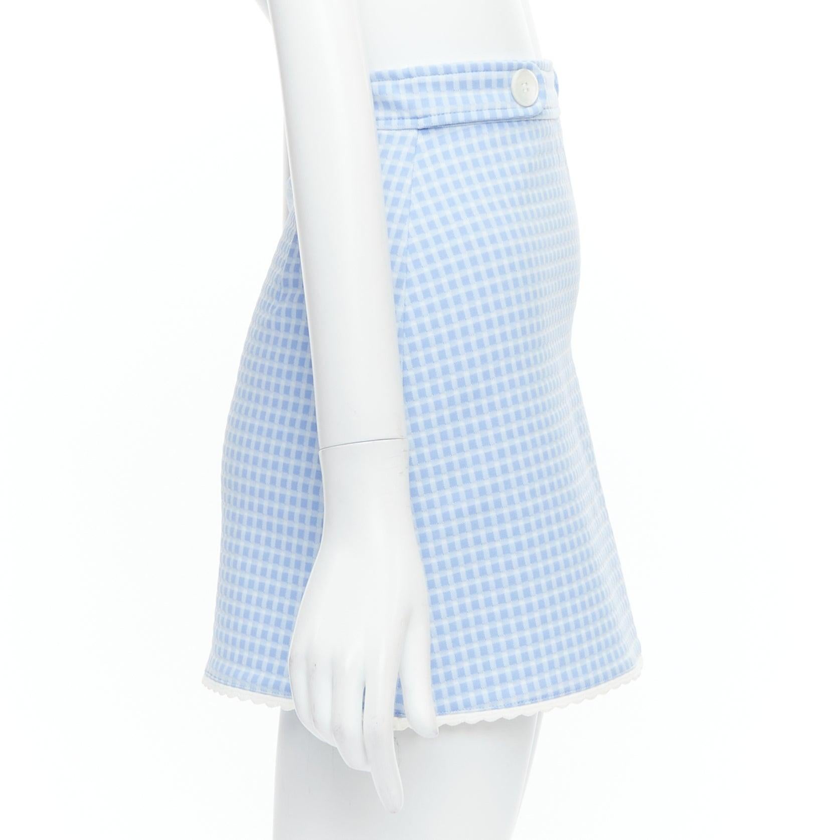 MIU MIU 2019 blue white gingham seersucker scallop trim buttons mini skirt XS In Good Condition In Hong Kong, NT