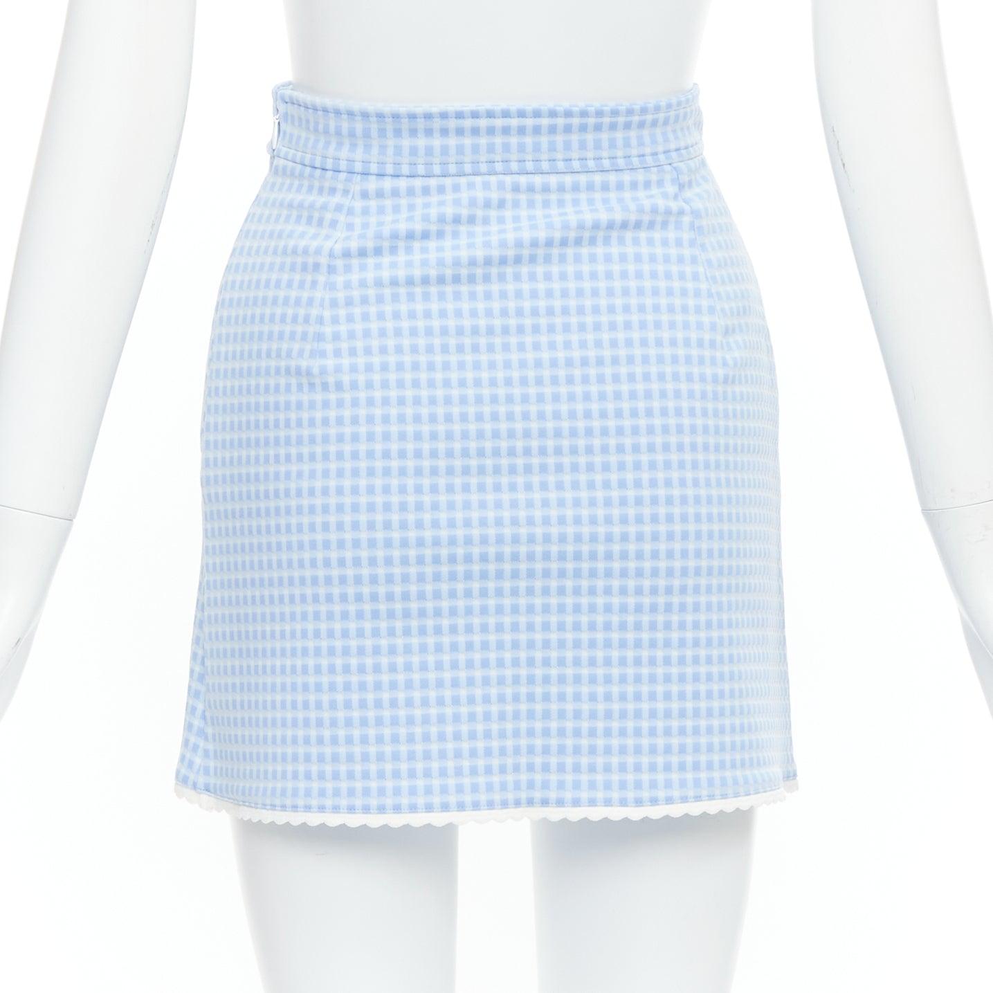 Women's MIU MIU 2019 blue white gingham seersucker scallop trim buttons mini skirt XS