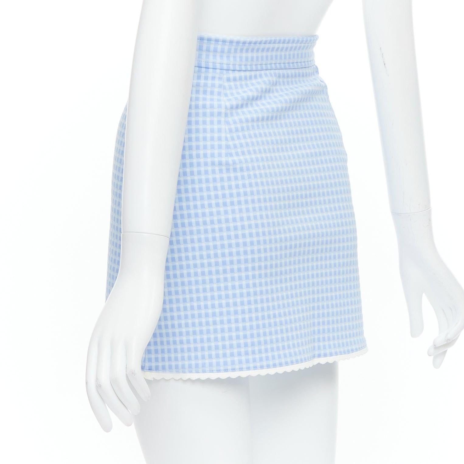 MIU MIU 2019 blue white gingham seersucker scallop trim buttons mini skirt XS 1